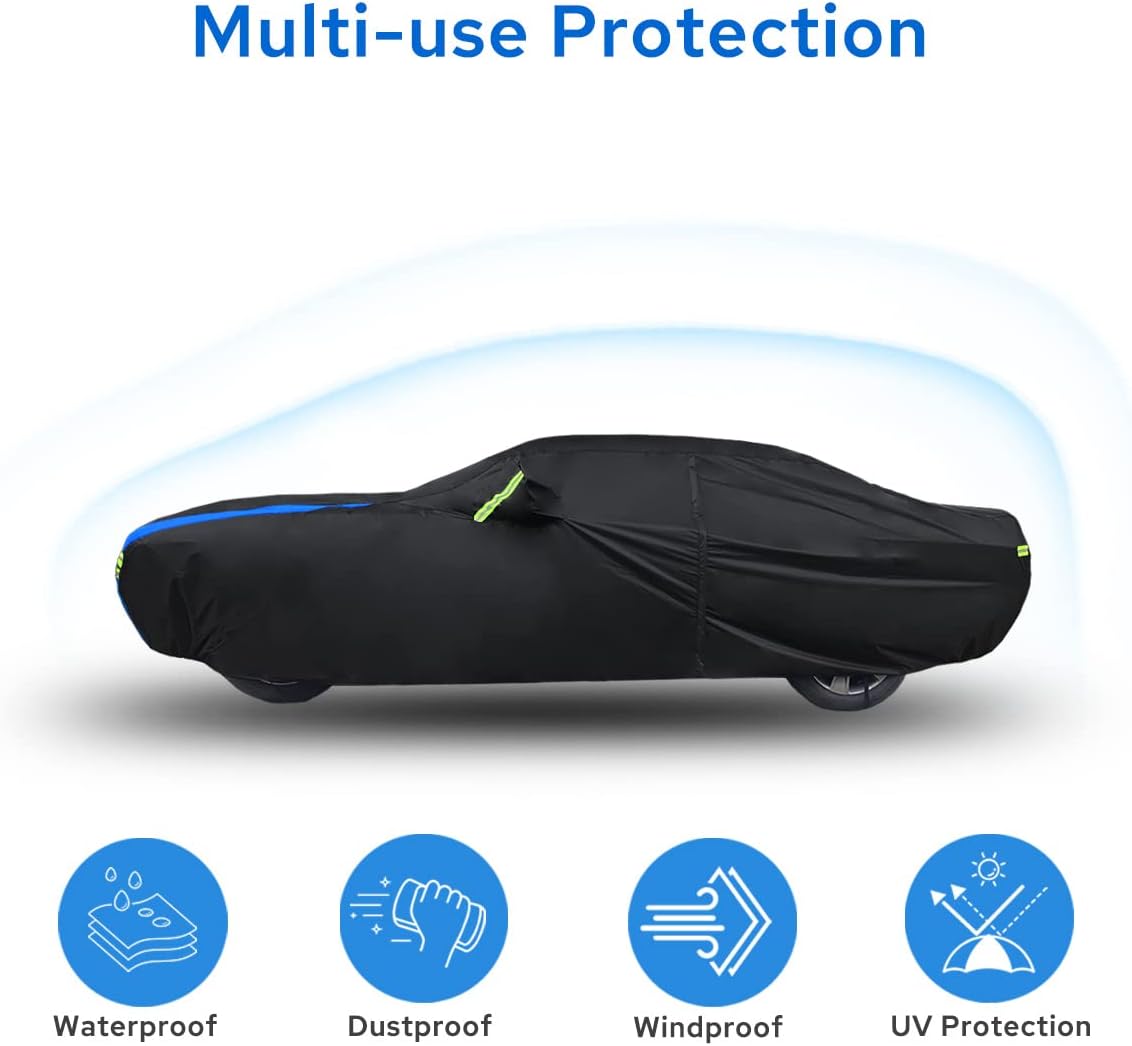 Avecrew Dodge Challenger Car Cover Waterproof All Weather for Automobiles, Outdoor Full Exterior Covers Fit 2008-2023 Dodge Challenger with Windproof Strap and Driver Door Zipper