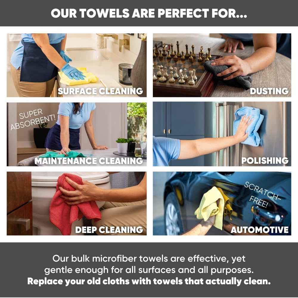 16" x 16" All Purpose Microfiber Towels - 50 Pack - Reusable Wash Cloths, Dust, Kitchen, Car, Shop Rags for Cleaning (Black)