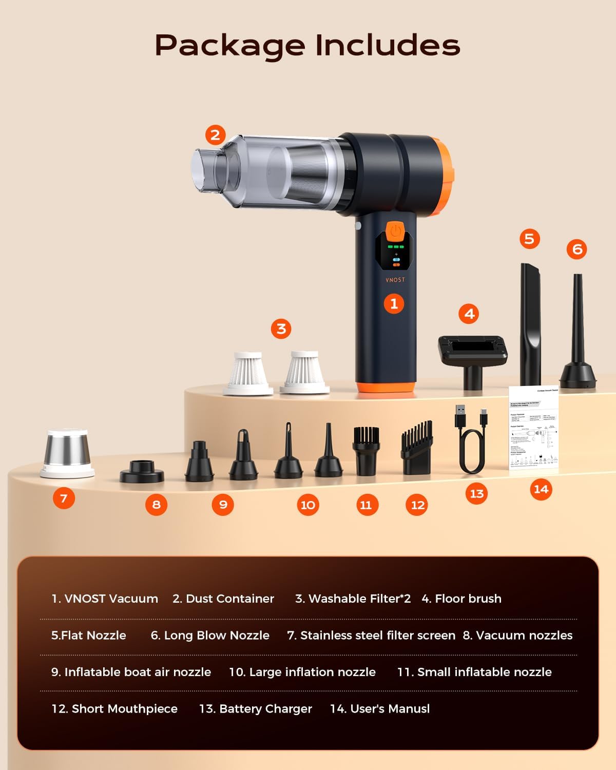 Car Vacuum Portable Cordless, Handheld Vacuum Cordless with 30000PA Suction, 130000RPM, 6800mAh Battery, 10 Nozzles, Rubber Paint Material for Car, Home, Pet Cleaning(Black Orange)