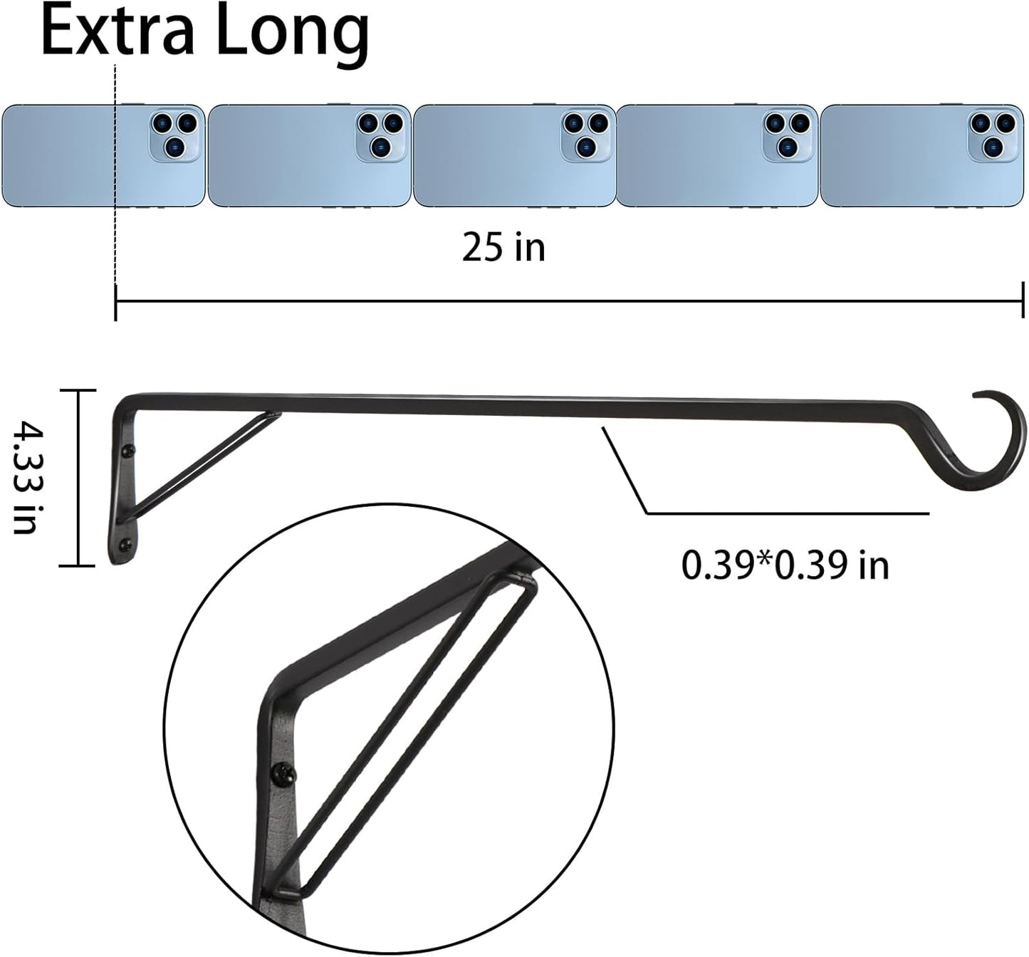 2 Pack Extra Long 25 Inch Heavy-Duty Rust-Resistant Solid Steel Plant Hangers and Bird Feeder Hangers for Indoor and Outdoor Decor, Wall Hooks