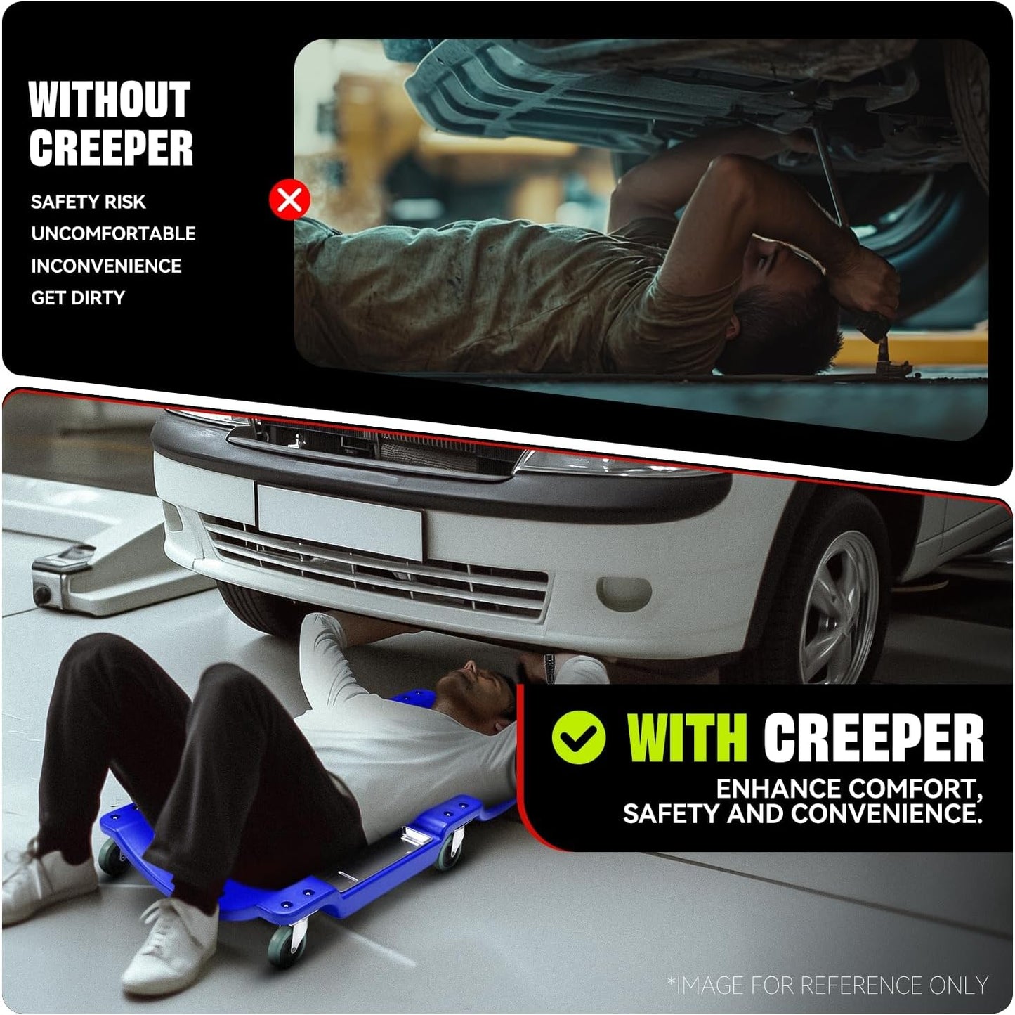 Auto Dynasty 40 Inches Mechanic Creeper, Automotive Garage Repair Low Profile Under Car Rolling Creeper with LED Light and Padded Headrest, Plastic, Blue