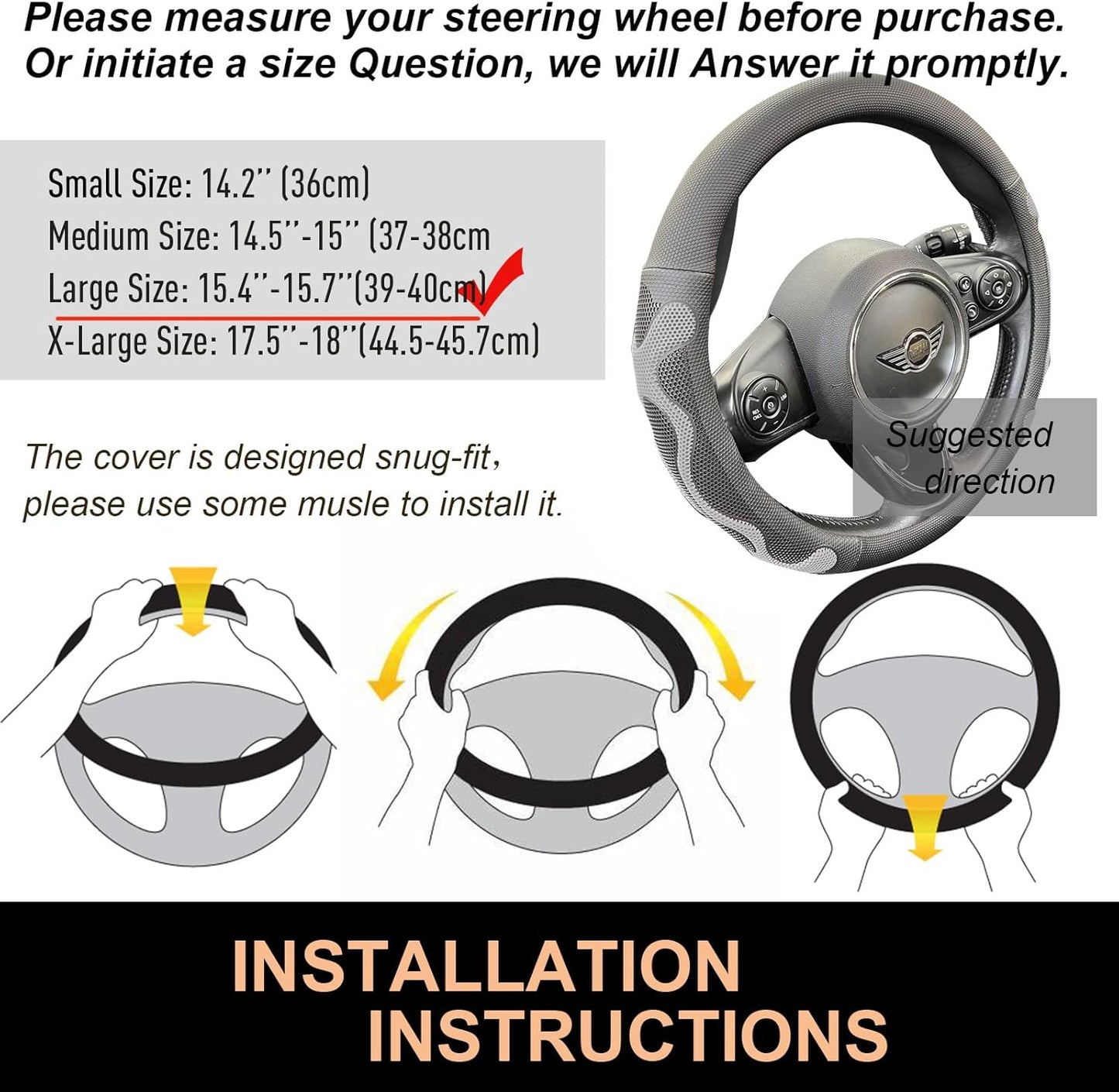 PINCTROT Large Size Comfy Grip Steering Wheel Cover, Anti-Slip Design, 15.5-15.75 Inch(Silicone Gray)