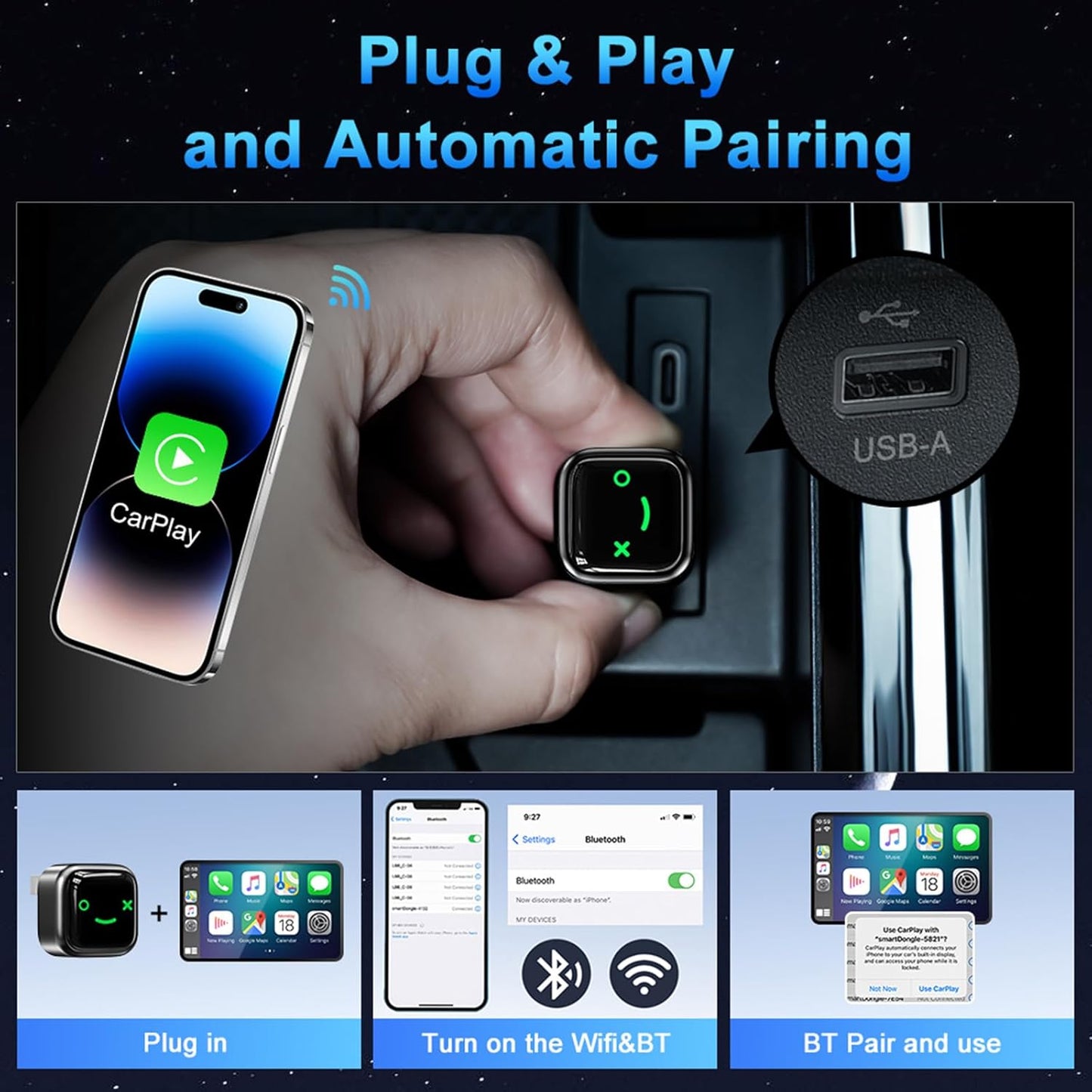 Wireless CarPlay & Android Auto Adapter(2 in 1) - Upgrade Wired CarPlay or Android Auto to Wireless,Perfect Compatible with Built-in Wired Apple CarPlay and Android Auto Cars for iPhone Samsung google