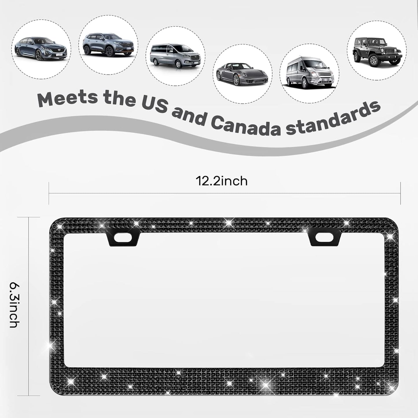 2 Pack License Plate Frames for Women, Sparkly Rhinestone Diamond Car Accessories with Glitter Crystal Caps (Black (2PCS))