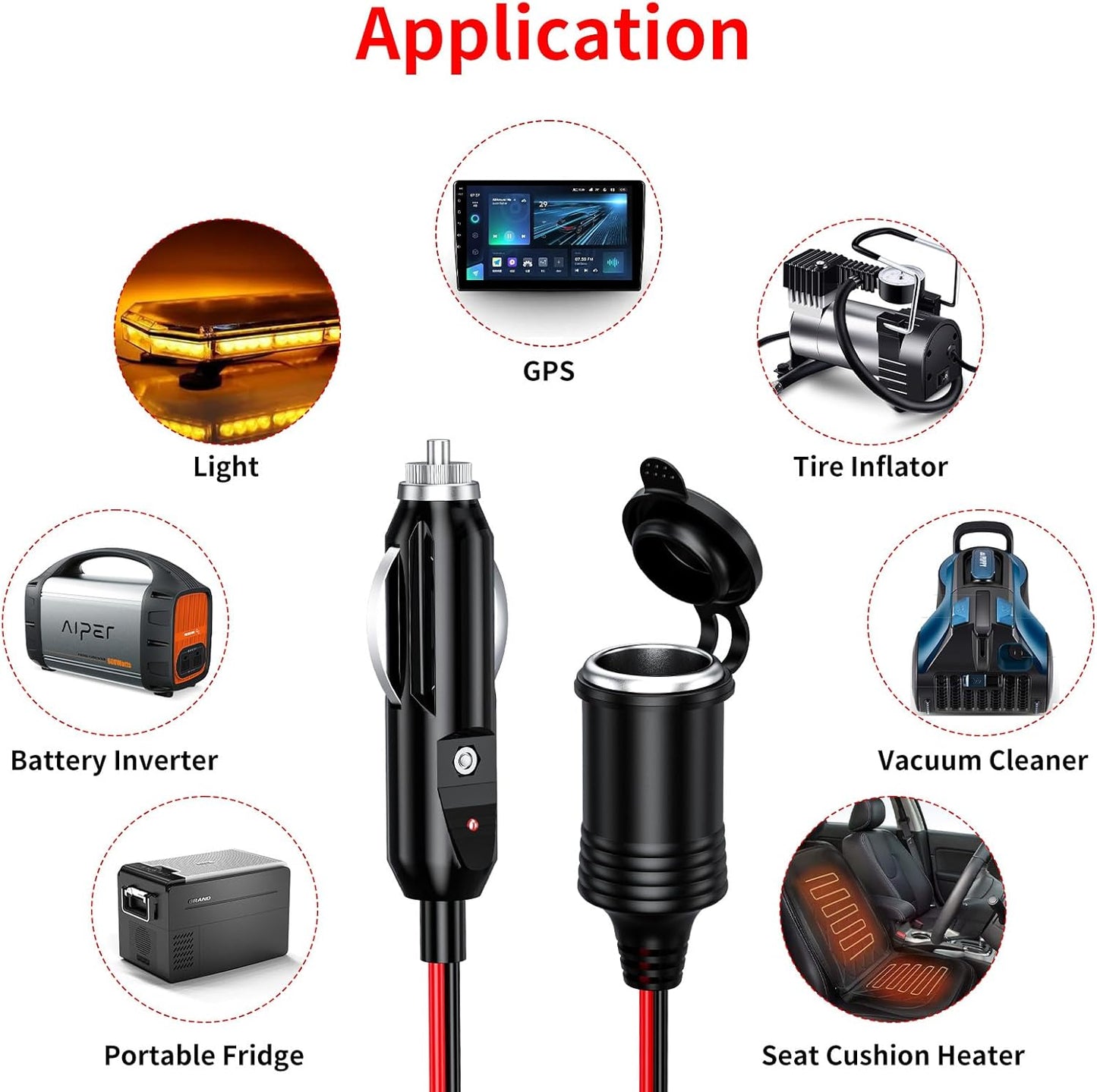 KEWIG 12/24V Car Cigarette Lighter Extension Cord - 20FT Cigarette Lighter Plug Cable- 16AWG Heavy Duty Extension Cable with 15A Fuse and LED Indicator