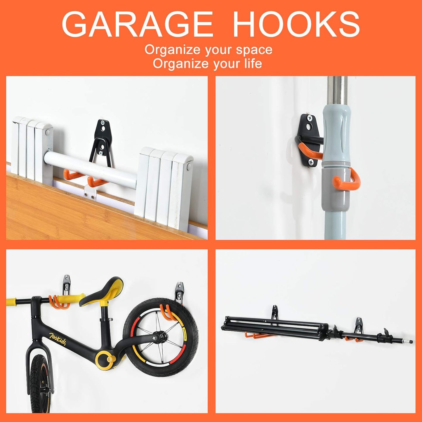 AOBEN Garage Hooks Heavy Duty, Steel Garage Storage Hooks, Utility Tool Hangers and Broom and Mop Holder Wall Mounted for Organizing Cleaning Tools, Mops, Garden Tools (S, 4 Pack)