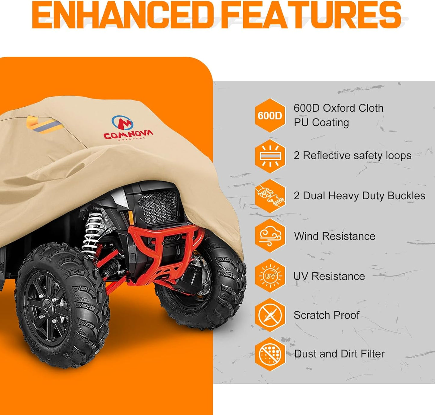 Comnova ATV Cover for 4 Wheelers - 84 Inch ATV Covers 600D Waterproof Heavy Duty, Outdoor Four Wheeler Quad Cover All Weather Large for Polaris, Kawasaki, Arctic Cat, Honda, Yamaha and More, Beige