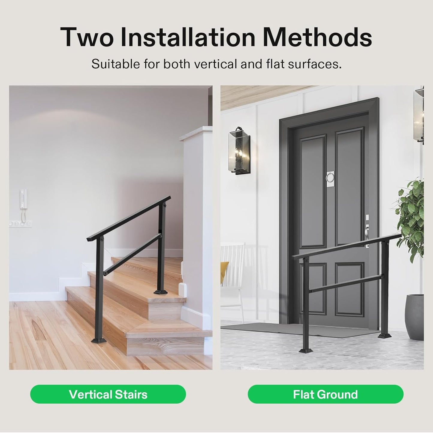 VIVOSUN 2-Pack Outdoor Handrail, 3 Step Stair Handrail, 40" x 36" Fits 1 to 3 Steps, Wrought Mattle Iron Handrail for Concrete Steps, Porch Steps, One-Step Assembly, 2 Packs, Black