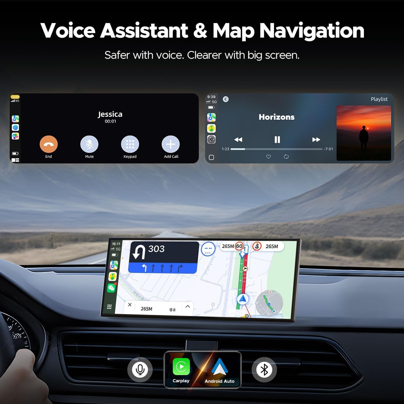 Volam 10.25'' Carplay Screen for car with Netflix YouTube and Backup Camera for iPhone Android Auto Upgraded Wireless AI Video Entertainment BOX Built-in Apps Voice Control GPS for iOS 10+ Android 11+