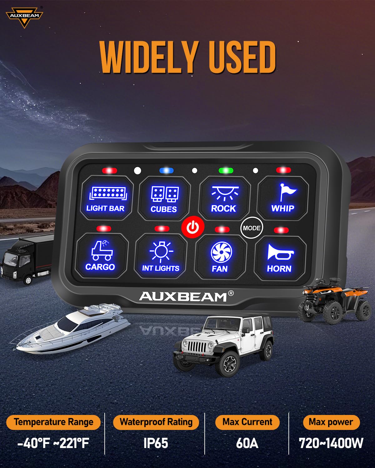 Auxbeam 8 Gang Switch Panel AC-800 Bluetooth RGB Switch Pod with Remote Control Backlit Off Toggle Momentary Pulsed 165FT Wireless Auxiliary Switch Panel for Truck Offroad Waterproof