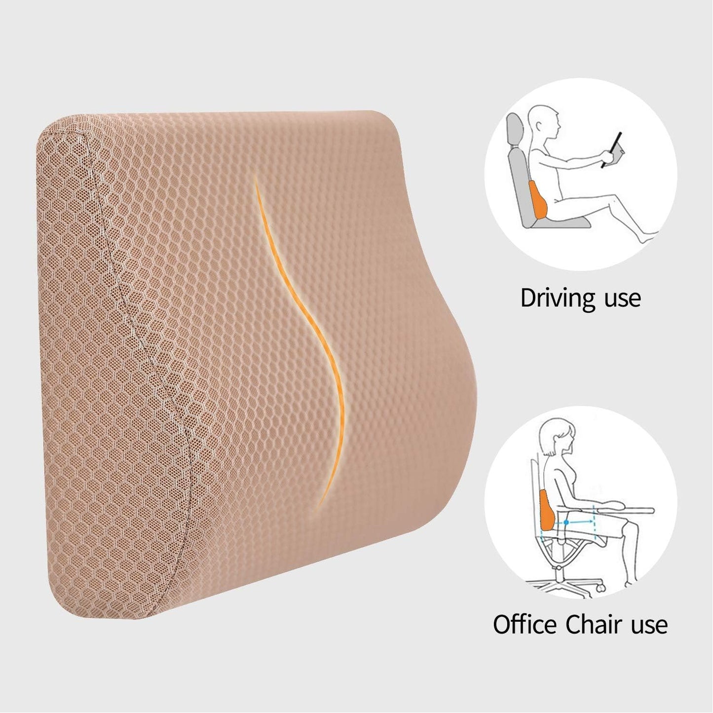 Memory Foam Lumbar Support Pillow for Car - Lower Back Support Cushion for Driving, Back Pain Relief for Car Seat, Office Chair, Wheelchair (Beige)