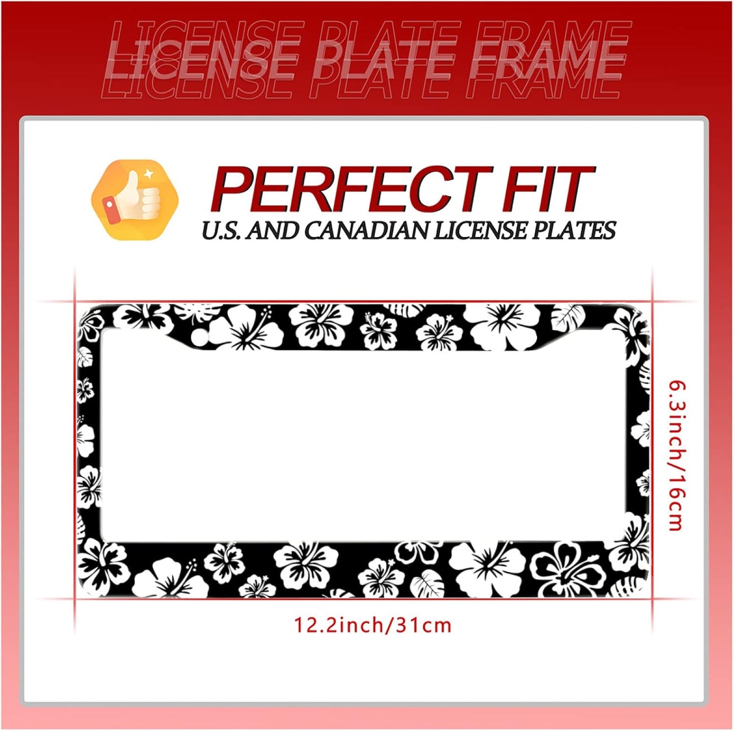 【2Pcs】 White Hibiscus Hawaii License Plate Frames Round Hole Personalise License Plate Frame Car Universal Accessories Stainless Steels Cars Decor Fits Standard US Vehicles Size: 12.2 x 6 Inches