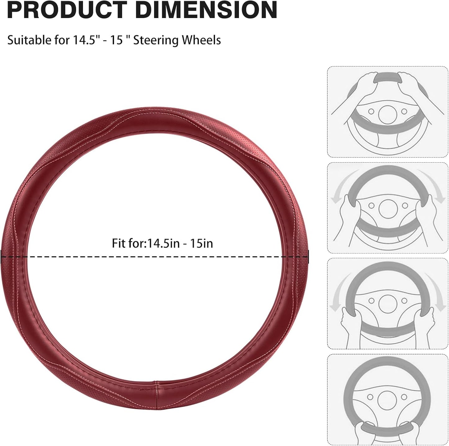 High-Grade Wine Red Genuine Leather Steering Wheel Cover for Men Women,Real Cowhide Leather Steering Wheel Cover for Cars,Universal 14.5-15 inch Steering Wheels