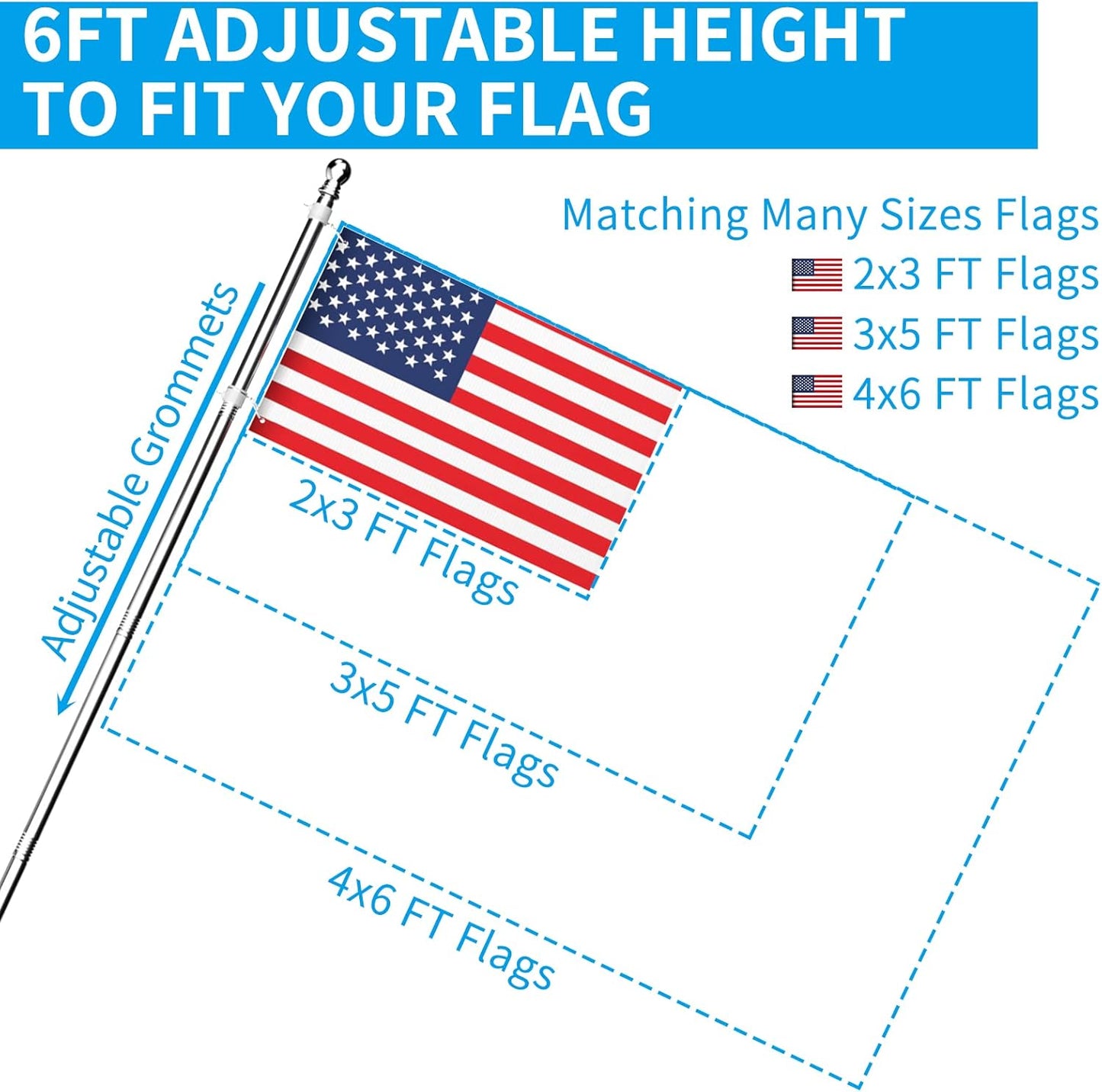 ZMTECH Flag Pole - Upgraded Bracket, 6 FT Stainless Steel Flag Poles for Outside House, Residential or Commerical, Tangle Free Flag Pole Kit for American Flag (Without Flag, Silver)
