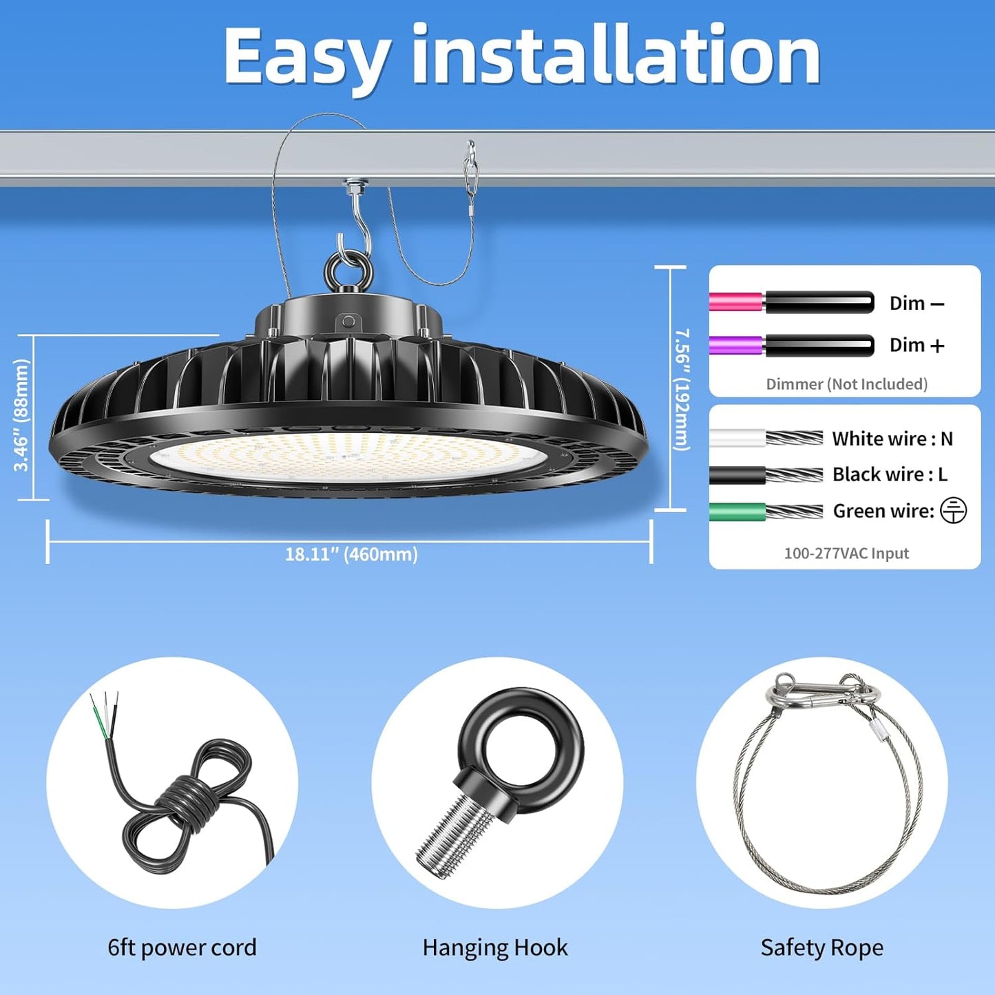 500W LED High Bay Light 72,500LM DLC ETL Listed Industrial Grade UFO Light Dimmable IP65 Waterproof 5000K Commercial Bay Lighting for Warehouse Garage Factory 110V 120V