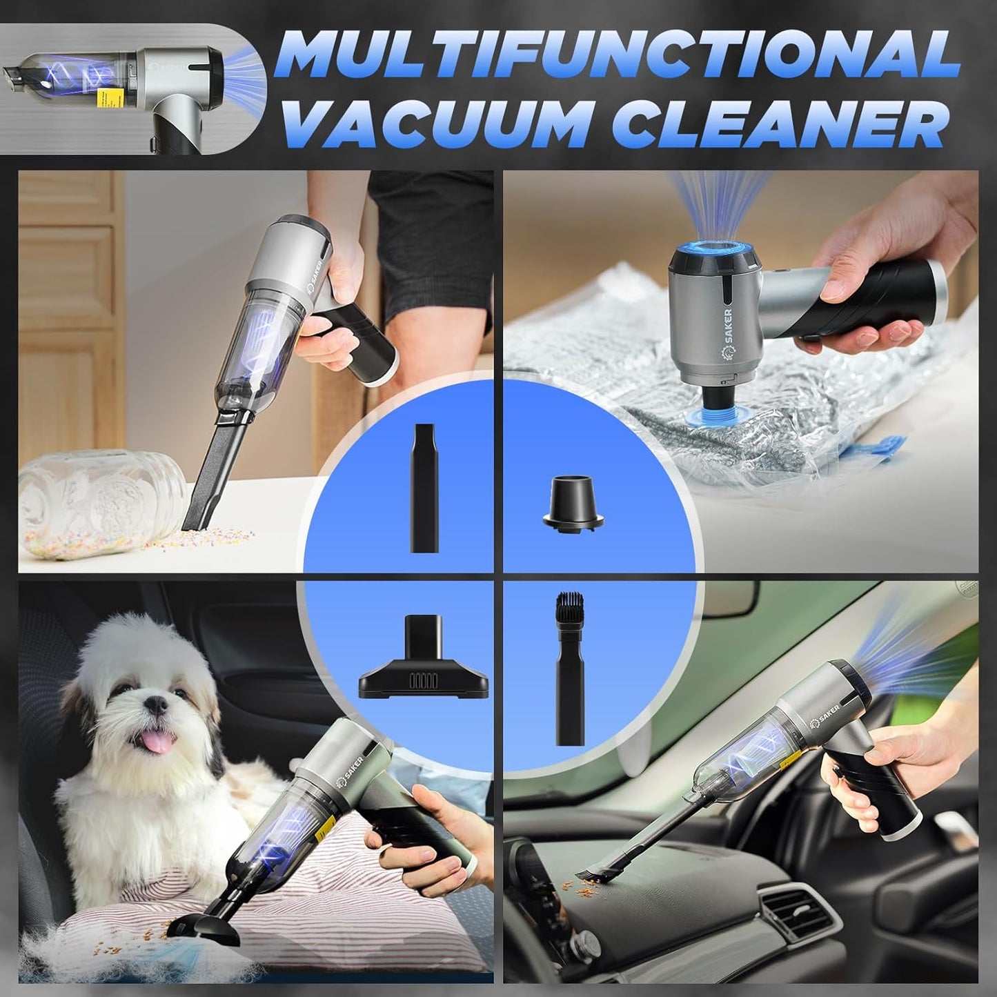 Saker Handheld Car Vacuum Portable Cordless17000PA Mini Vacuums Rechargeable Foldable Vacuum Cleaner with Brushless Motor for Gifts Home,Office Pet HL132 Black