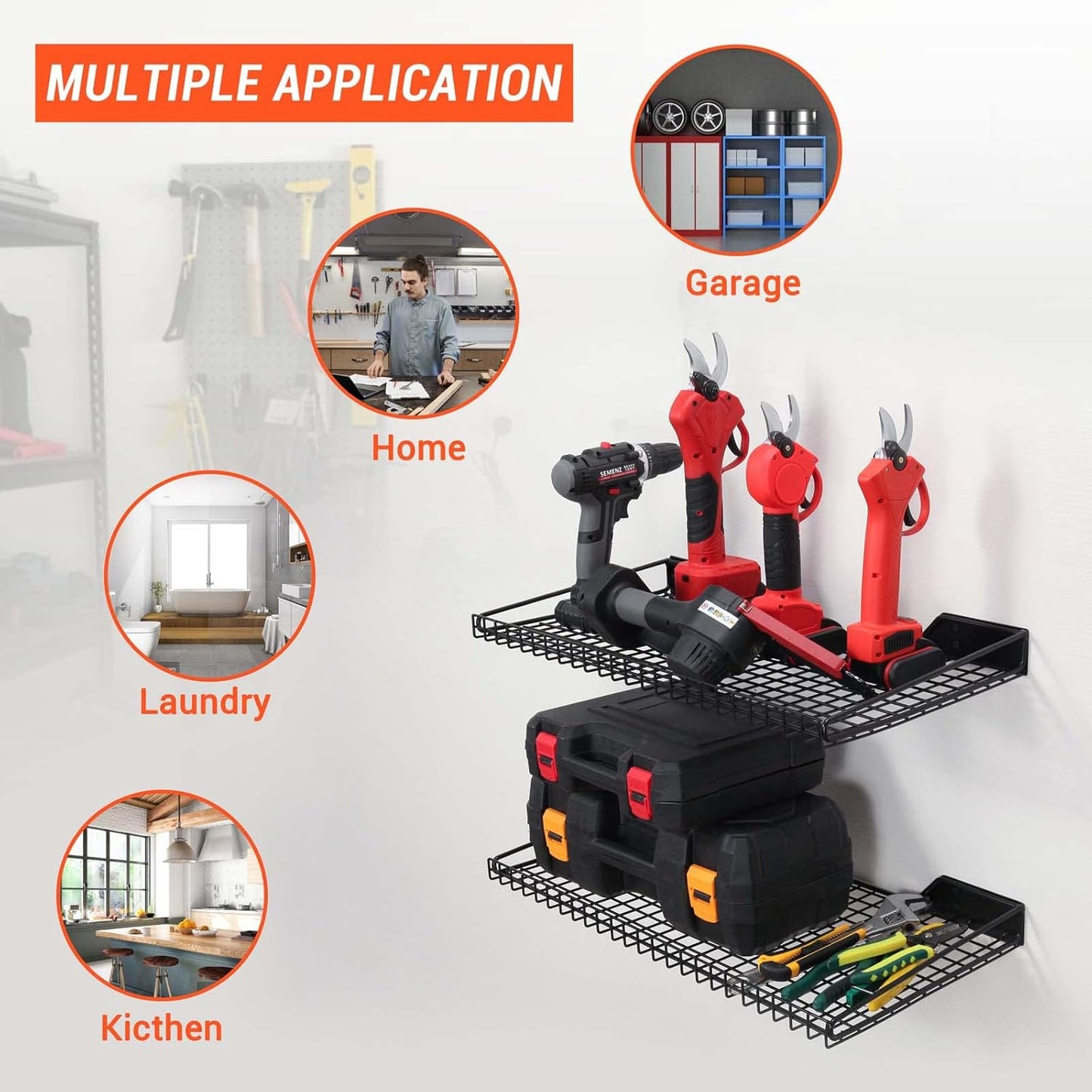 Wallmaster Heavy Duty Garage Wall Shelving 4 Pack 23.6"x11.8" Metal Wire Shelves Wall Mount Mesh Storage Rack for Garage, Office, Basement and Kithcen, max Load 65 lbs (Black)