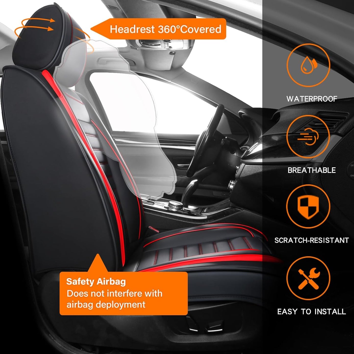 Car Seat Covers Full Set, Universal Faux Leather Car Seat Covers, Waterproof Breathable Automotive Seat Covers for Most Sedans SUV Trucks, Wine Red