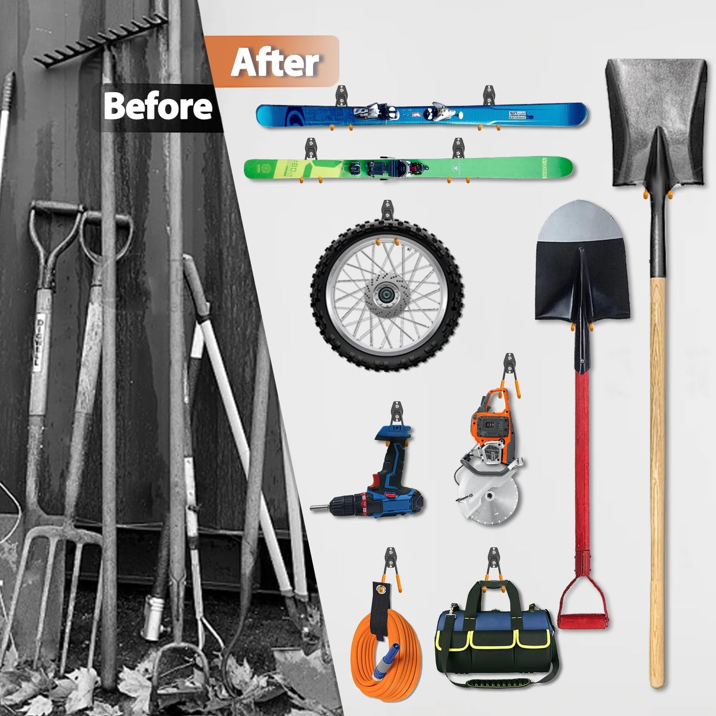 3-H Garage Wall Hooks 14 Pack, Garage Hooks Heavy Duty with Extra Welding Spots, Wall Mount Storage Organizer for Hanging Garden Lawn Tools Ladder Bike WeedEater Chair Shovel Blower (Orange)