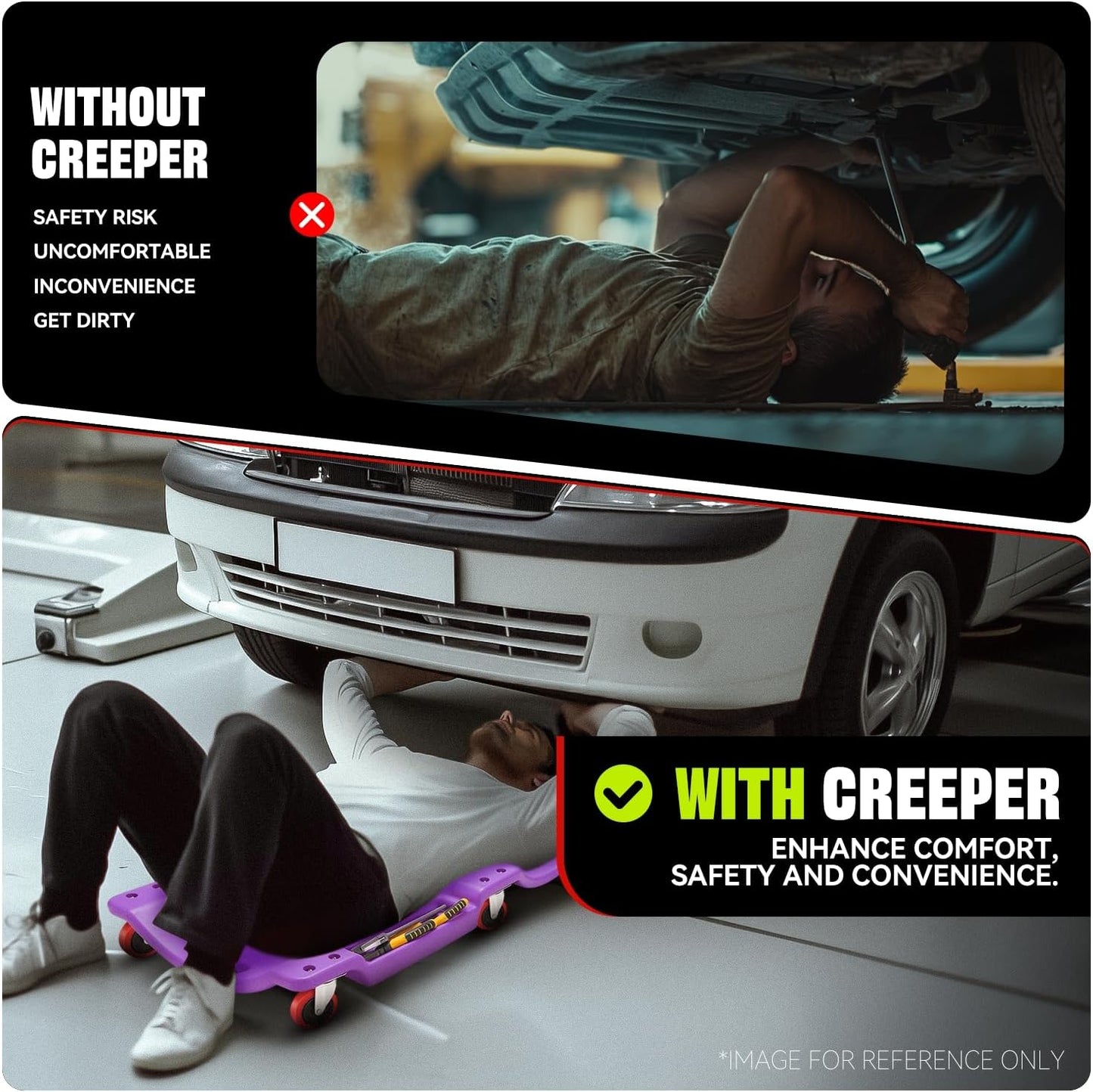 Auto Dynasty 36 Inches Mechanic Creeper, Automotive Garage Repair Low Profile Under Car Rolling Creeper with Padded Headrest, Plastic, Purple