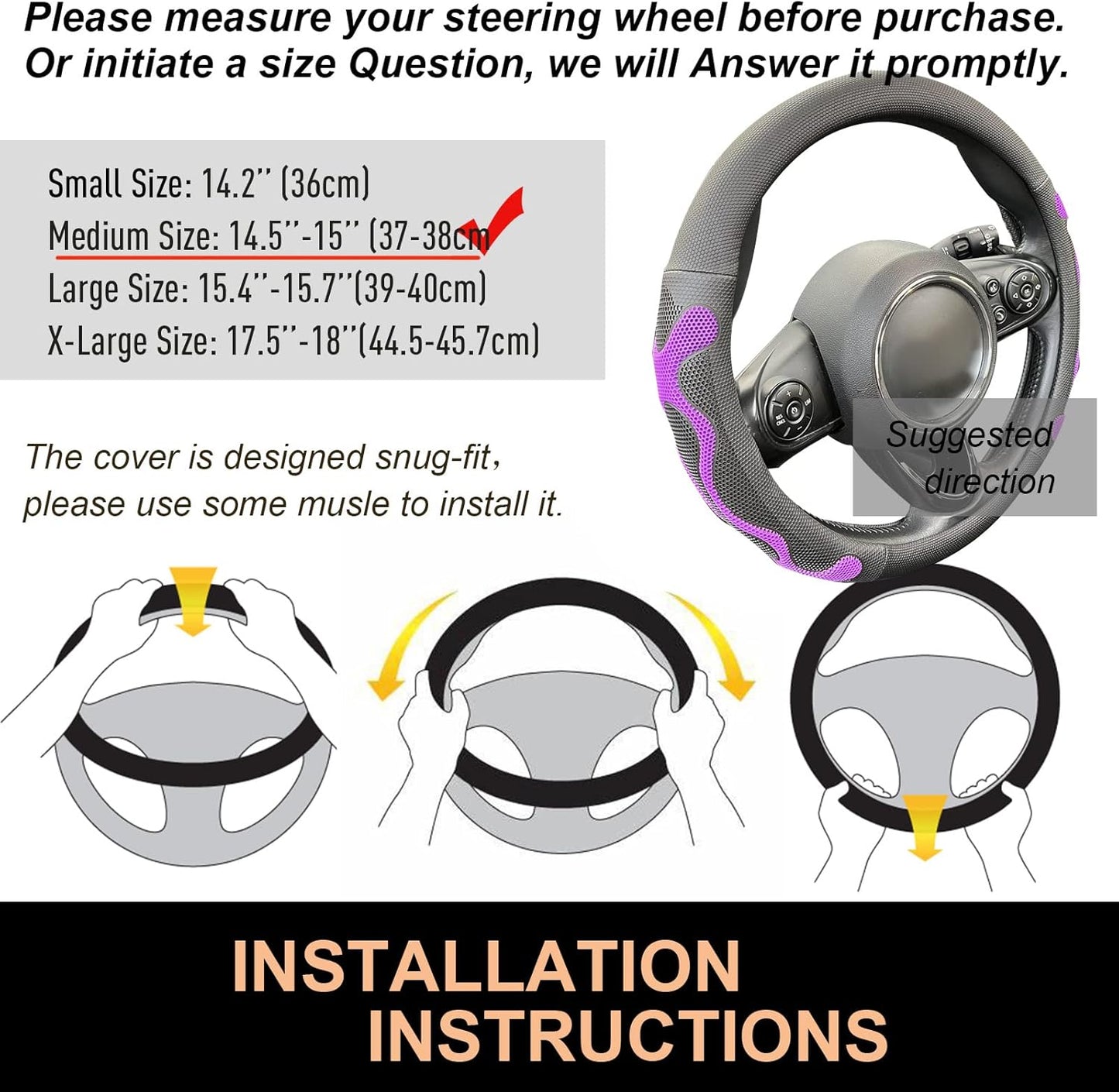 PINCTROT Comfy Grip Steering Wheel Cover, Anti-Slip Design, Universal 14.5-15 Inch(Silicone Purple)