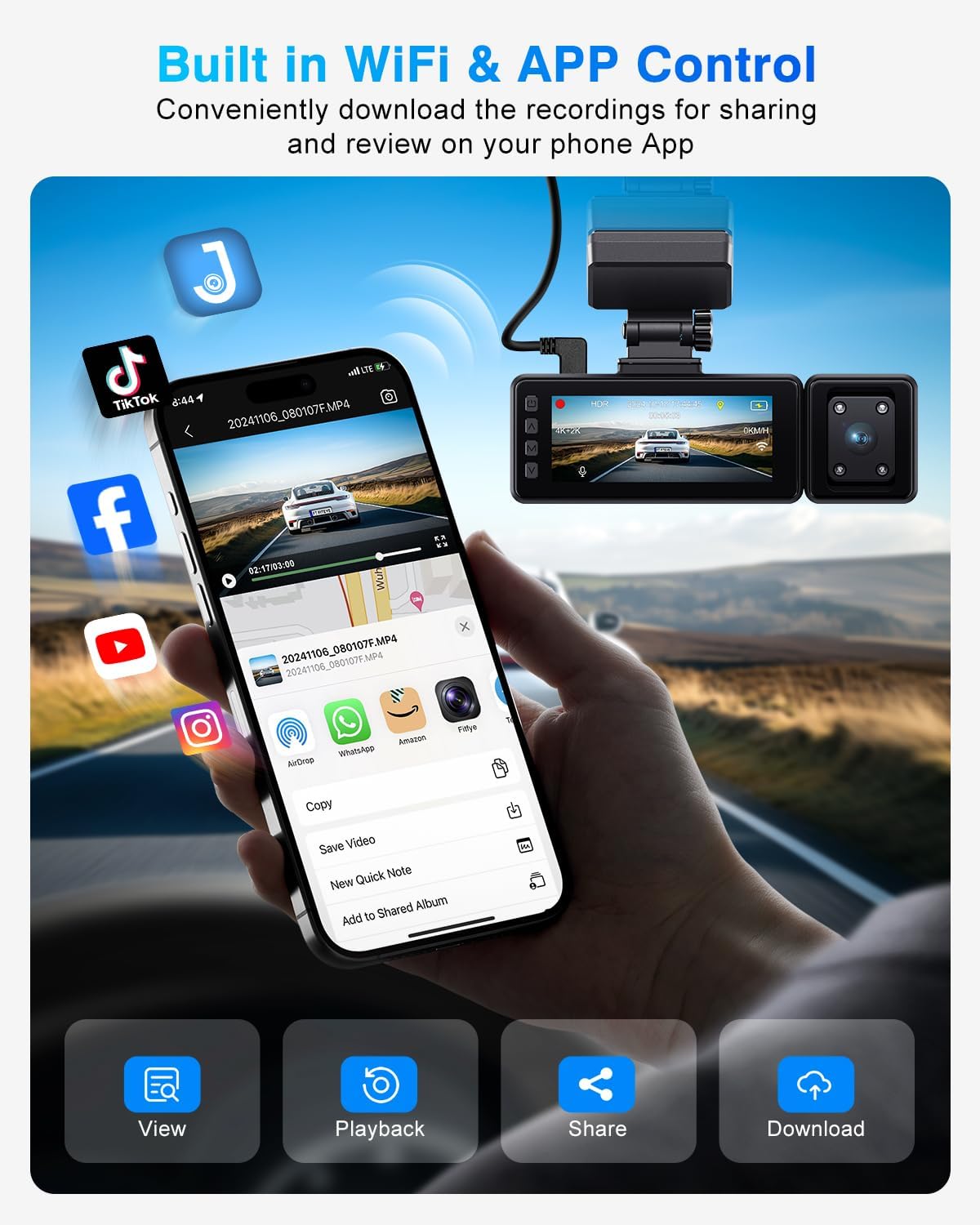 3 Channel 4K Dash Cam, IMX335 STARVIS Sensor, 4K+2K Front and Inside, 2K+1080P+1080P Front and Rear Inside Dash Camera for Cars, Free 64GB Card, Built in WiFi GPS, Intelligent Voice Control