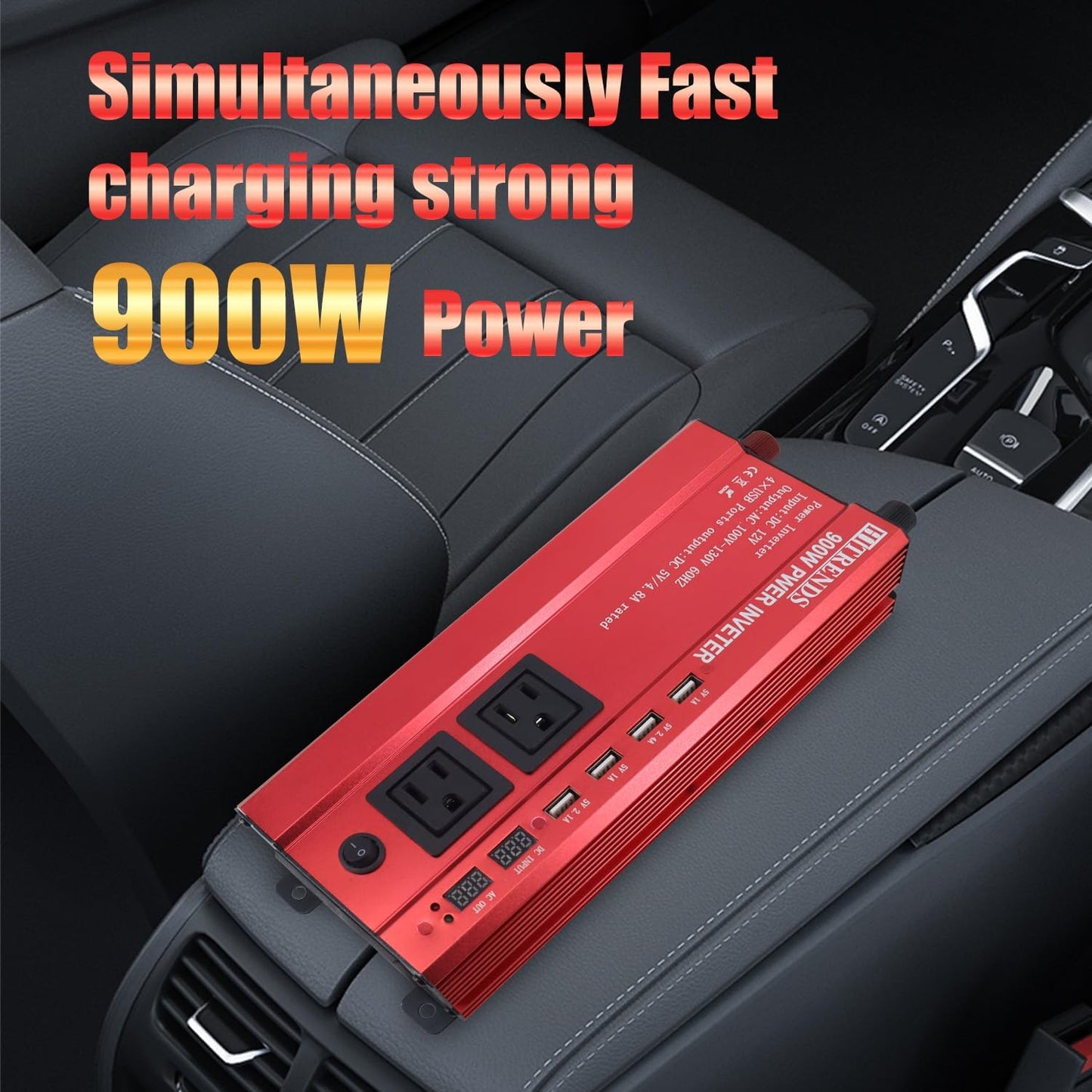 HITRENDS 900W Car Power Inverter 12V to 110V, DC to AC Converter with 4 USB Ports (24W Quick Charge) & 2 AC Outlets, for Camping, RV, Laptop, CE, FCC and ROHS Certified