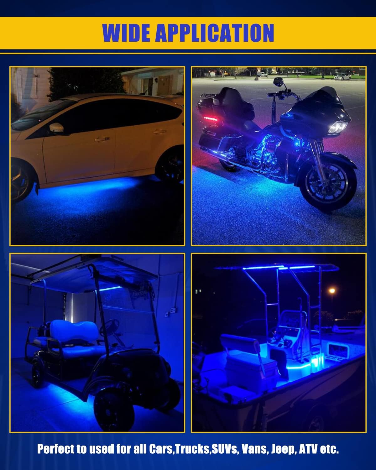 Blue Led Strip Light,IP68 Waterproof Car Exterior Light Strip,golf cart led lights Cuttable for Automotive Motorcycle Golf Cart Marine Boat Cargo Home Decoration Led Strip,12inch (Pack of 4)
