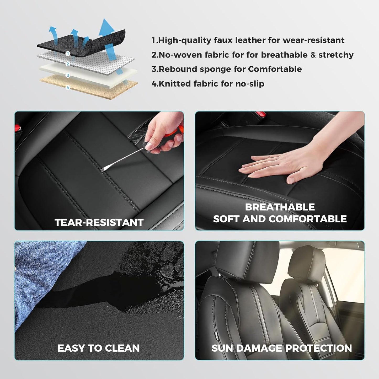 Seat Covers for Honda Civic Sedan 4DR Sedan EX 2022 2023 2024 2025.Faux Leather Car Seats Cover Full Set (Rear Row 40/60 Split & Folding Backrest)-Black