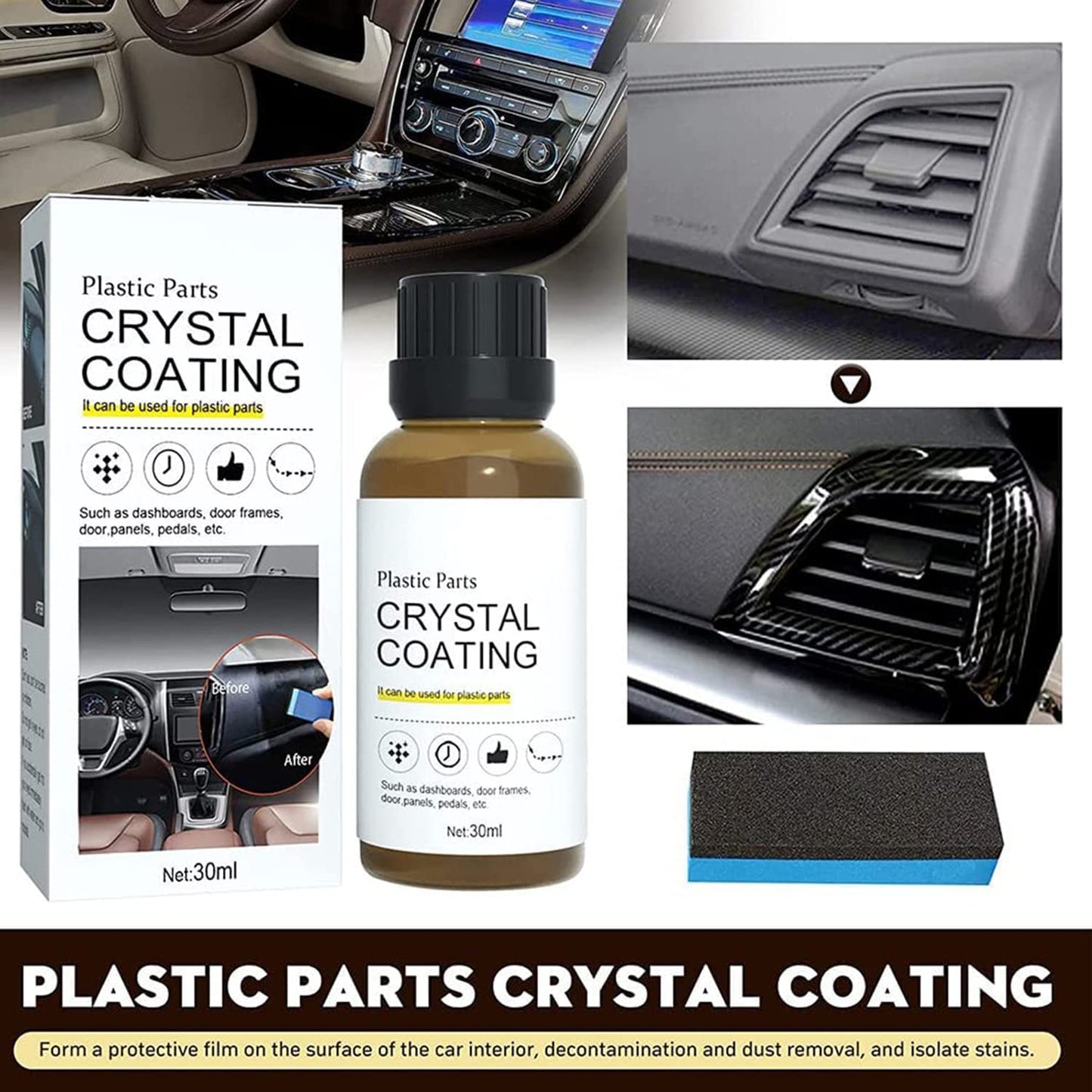 3Pcs Crystal Coating for Car, Plastic Parts Crystal Coating, Cristal para PláStico Del Carro for Car, Great Gloss Protection, Long Duration Refurbish Agent with Spong