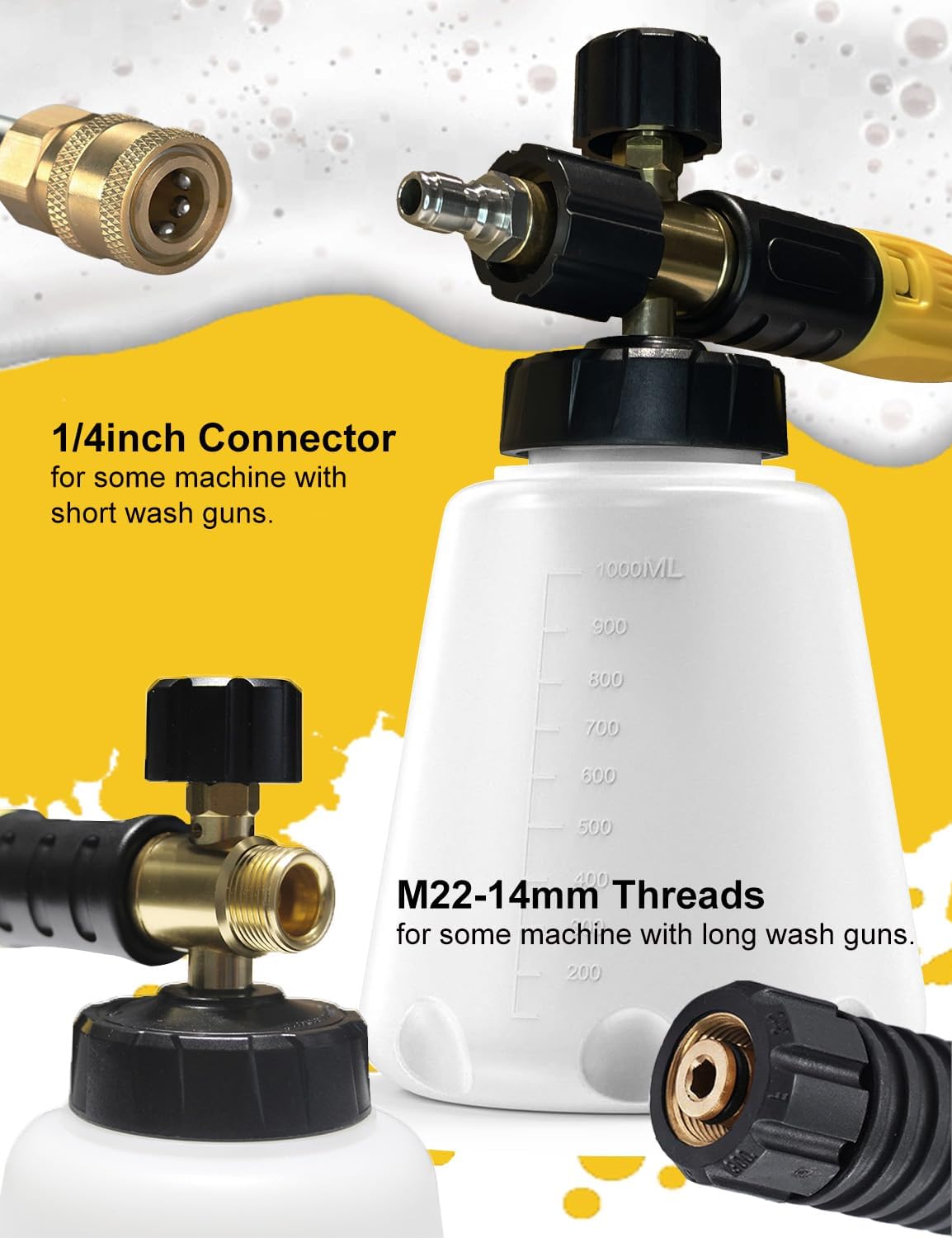 BOSEA Foam Cannon with Pressure Washer Tips and Nozzle Holder, 4000PSI Car Wash Snow Foam Cannon (Wide Mouth) with M22 and 1/4" Quick Connector,1L Bottle