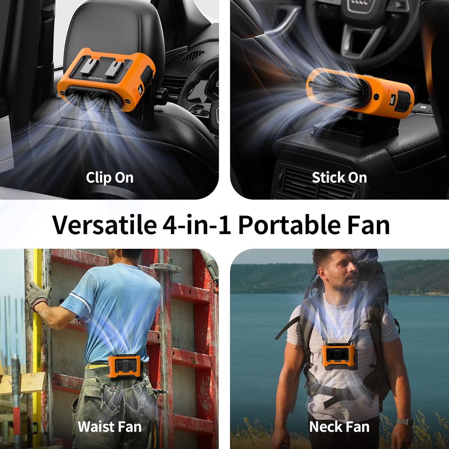 Socool Portable Car Fan - 14500mAh Rechargeable Battery Opearated, Clip on Car Seat Headrest 360 Rotatable, 5-Speed Backseat Fans for Baby Rear Facing Cooling with Dual Air Outlets for SUV RV Truck