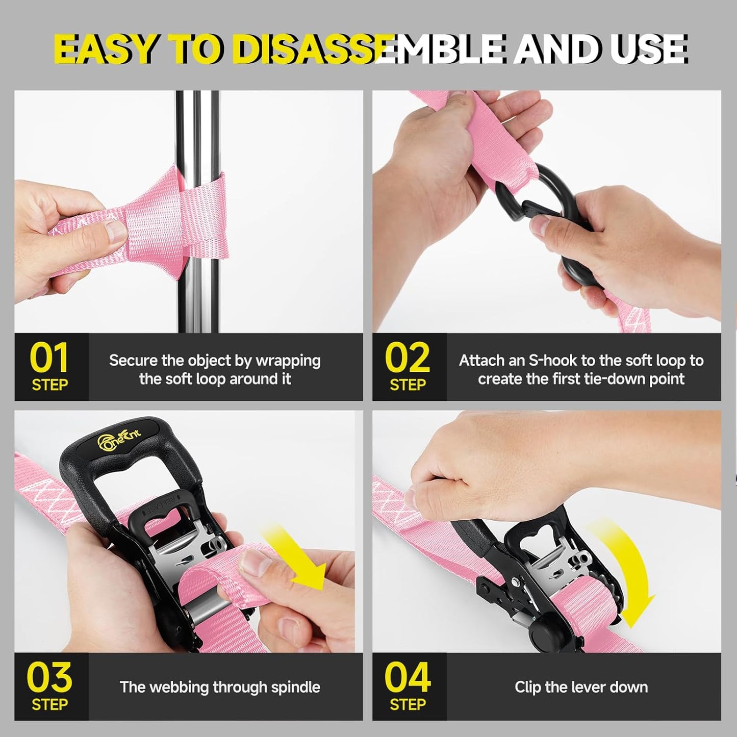 4Pcs Heavy Duty Ratchet Straps-1.6”x16ft Ratchet Strap Tie Down Kit with Padded Handles+Coated S Hooks+Soft Loop Tie-Downs-6000 Pound Break Strength(Pink)