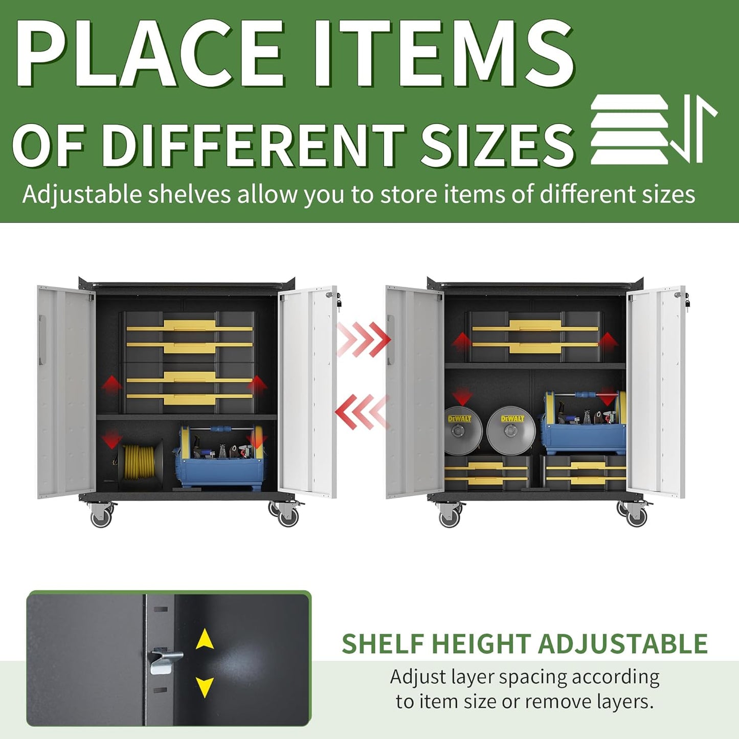 Metal Tool Cabinet,Garage Storage Cabinet System,Wall Cabinet & Locking Rolling Tool Cabinet with Doors and Adjustable Shelves,Steel Tool Cabinets for Home,Office (2 Pcs-StyleC, Black & Grey)