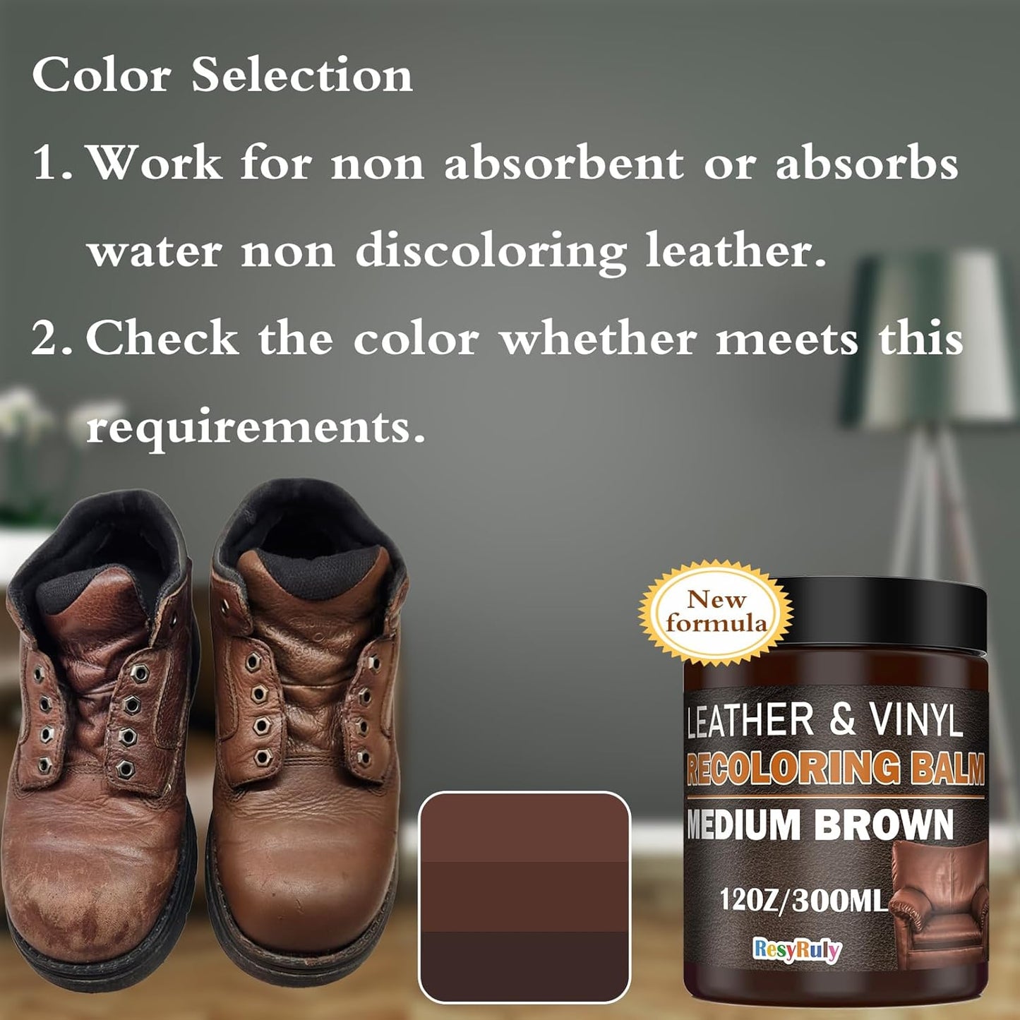 Leather Recoloring Balm Medium Brown Dye Vinyl Car Interior Leather Boat Seat Paint Furniture Couch Recliner Chair Boot Jacket Shoe Bag Purse Belt Color Restorer Fading Stain Scratch Remover Repair