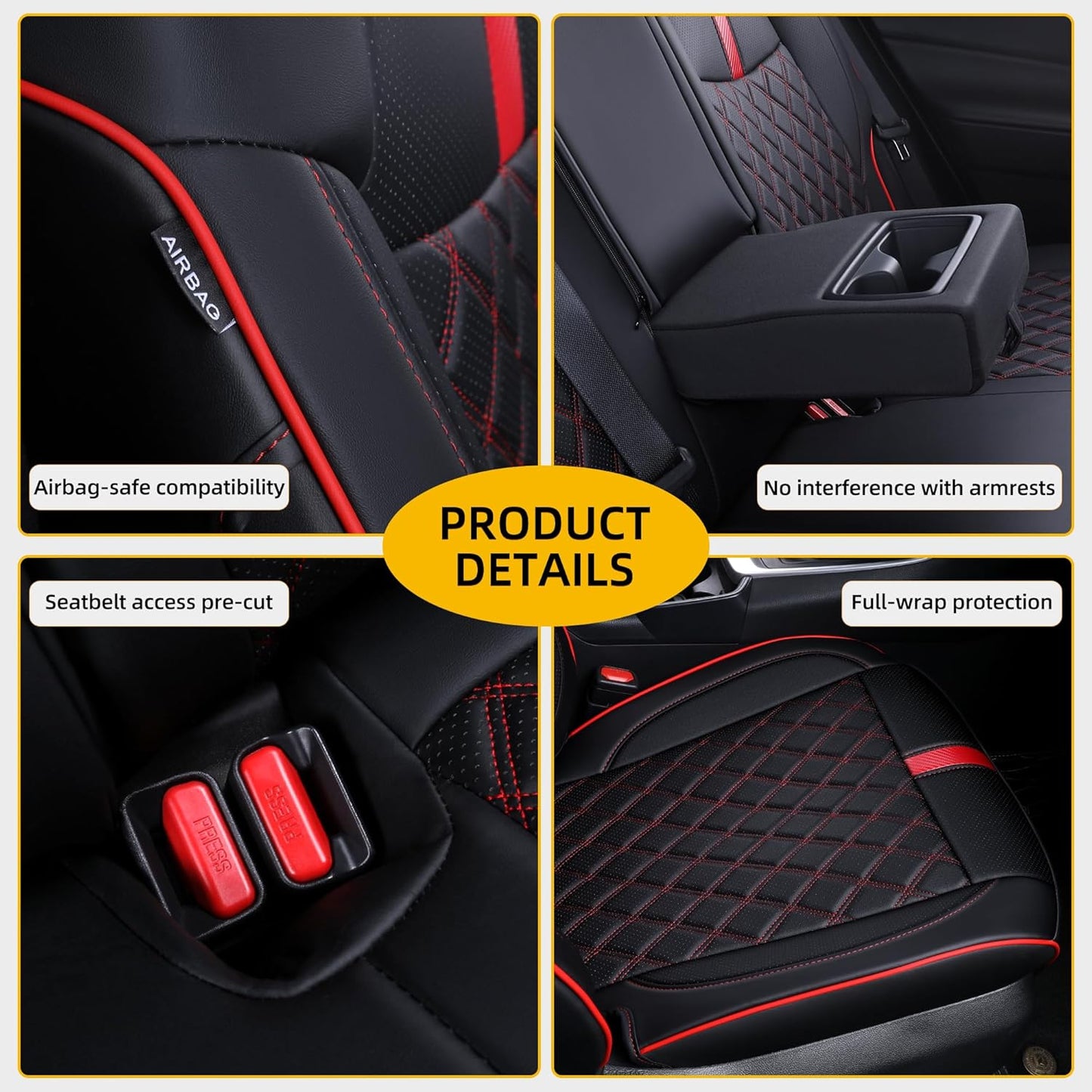 Custom Fit RAV4 Seat Covers for 2019-2025 Toyota RAV4 Hybrid LE,XLE,XLE Premium,Limited Full Coverage Waterproof Leather Car Seat Covers Full Set (Black with Red Trim)