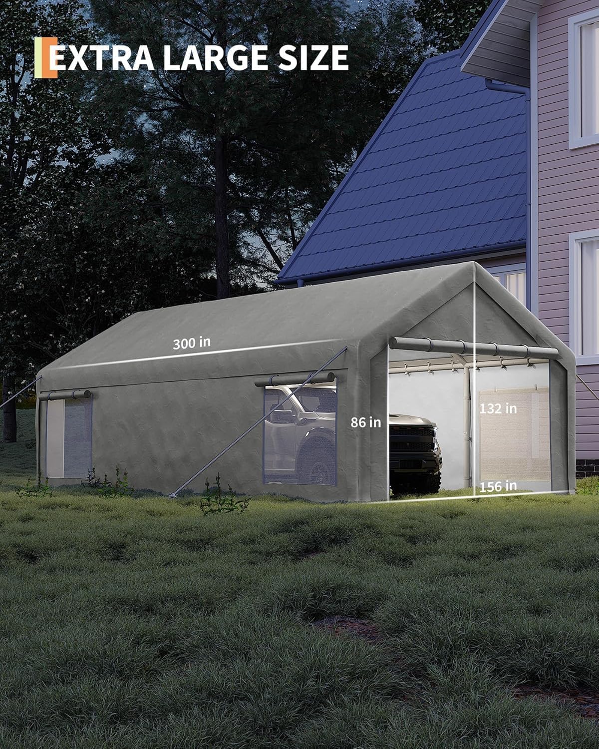 13 x 25FT Heavy Duty Carport with Roll-Up Windows, Portable Garage with Removable Sidewalls & Doors, Portable Car Tent Garage with Roll-Up Windows and All-Season Tarp, for Car, Truck,