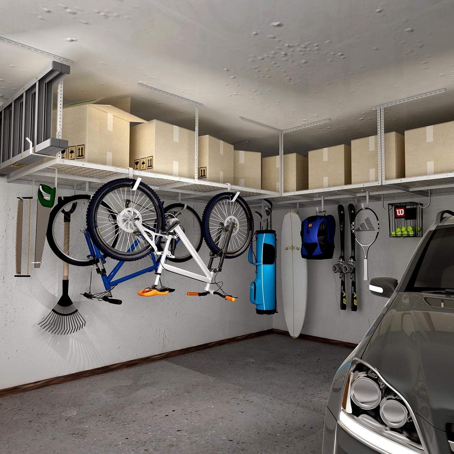 FLEXIMOUNTS 4x8 Overhead Garage Storage Rack, Adjustable Organization System, Heavy-Duty Metal Ceiling Racks, 2 pack, White