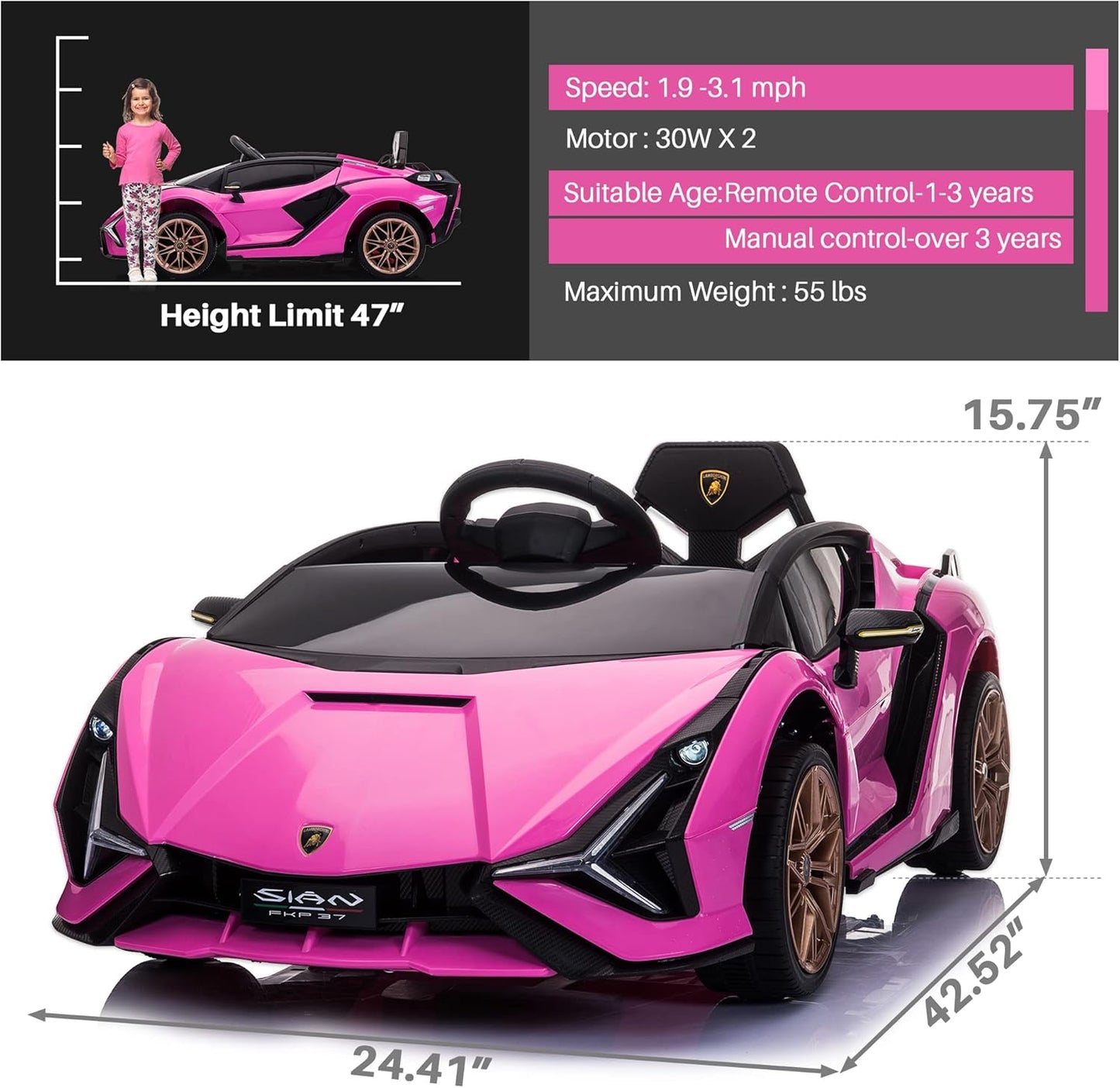 Licensed Lamborghini SIAN Kids Electric Ride On Car Toy by TOBBI, 12V Battery Powered Vehicle with Parent Remote Control for Toddlers 3-6 to Drive w/Functions/Seatbelt/Horn/LED Lights-Pink