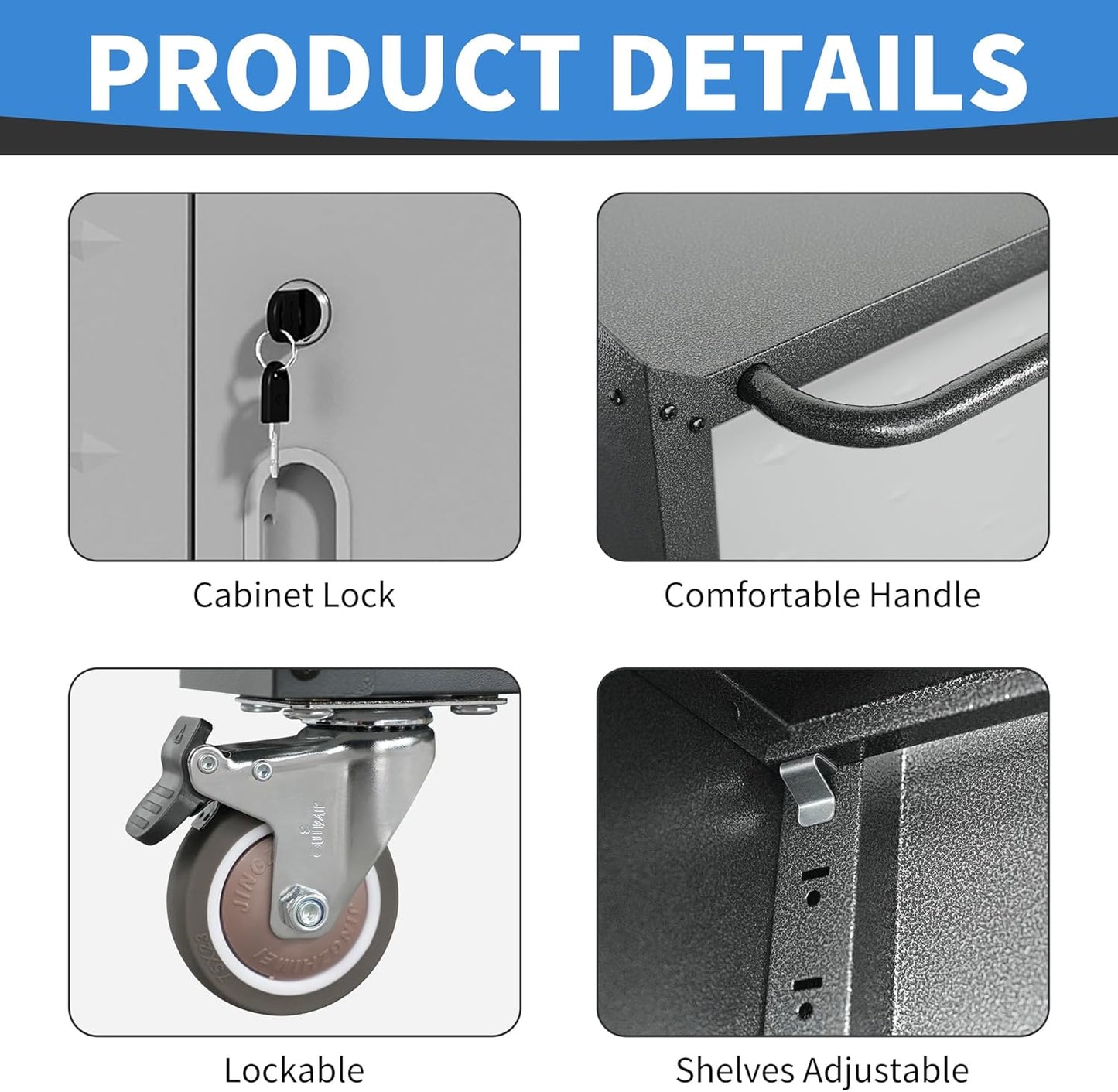 Metal Storage Cabinet with Wheels, Rolling Tool Cabinet with Adjustable Shelve, Locking Garage Storage Cabinet with 1 Drawer and 2 Doors for Tools, Assembly Required (Black/Grey)