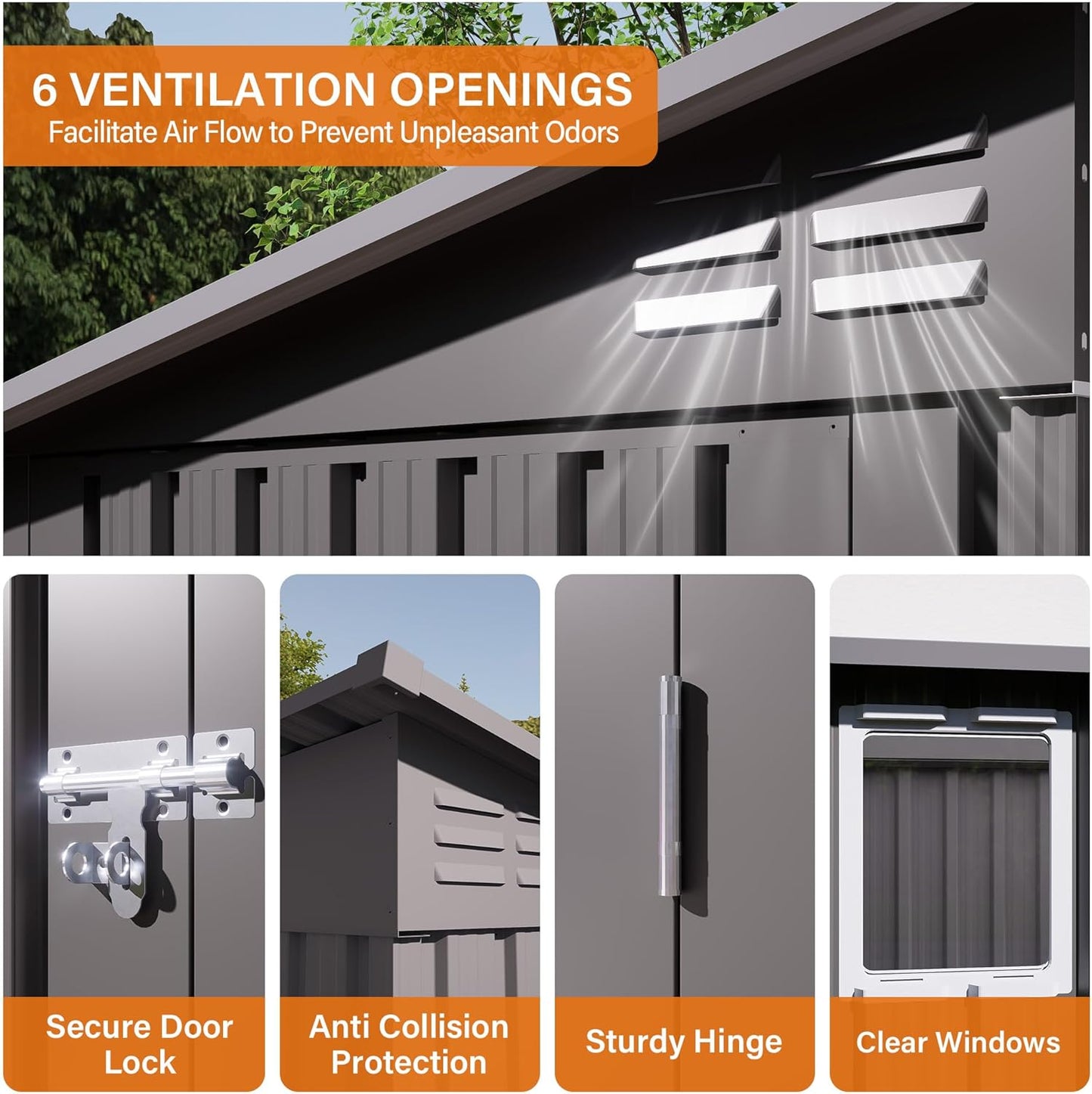 4x9 FT Lean to Shed with Window, Metal Sheds & Outdoor Storage with 6 Vents and 2 Swing Doors, Outdoor Storage Shed Waterproof for Backyard, Garden, Patio, Gray