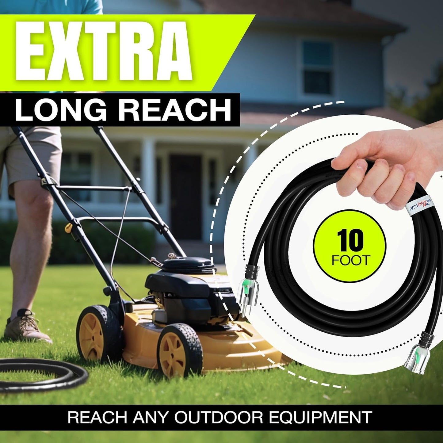 10ft Outdoor/Indoor Extension Cord 10/3 Gauge Ultra Heavy Duty 3 Prong SJTW, Waterproof, Flexible Cold-Resistant Long Power Cord,15A 125V 1875W, Black by LifeSupplyUSA