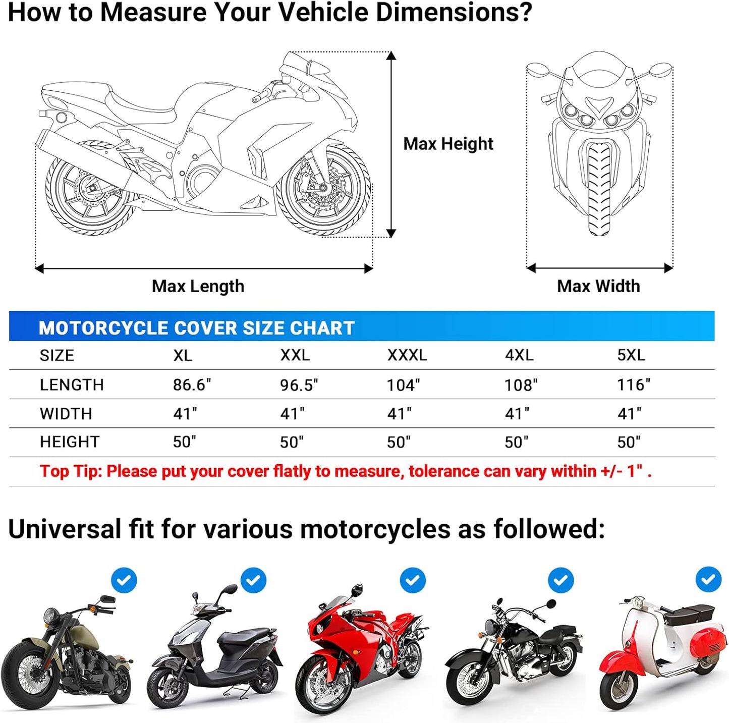 Favoto Motorcycle Cover All Season Universal Sturdy Material Waterproof Sun Outdoor Protection with Night Reflective Stripe Lock-Holes & Storage Bag Fits up to 86.6" Motorcycles Vehicle Cover