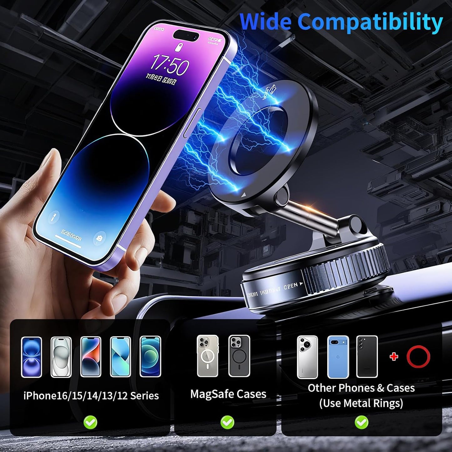 Vacuum Magnetic Car Phone Holder,360°Adjustable Magnetic Phone Holder,Hands-Free Suction Cup Phone Mount for MagSafe,Cell Phone Holders for Your Car for All Smartphones & All Car Models