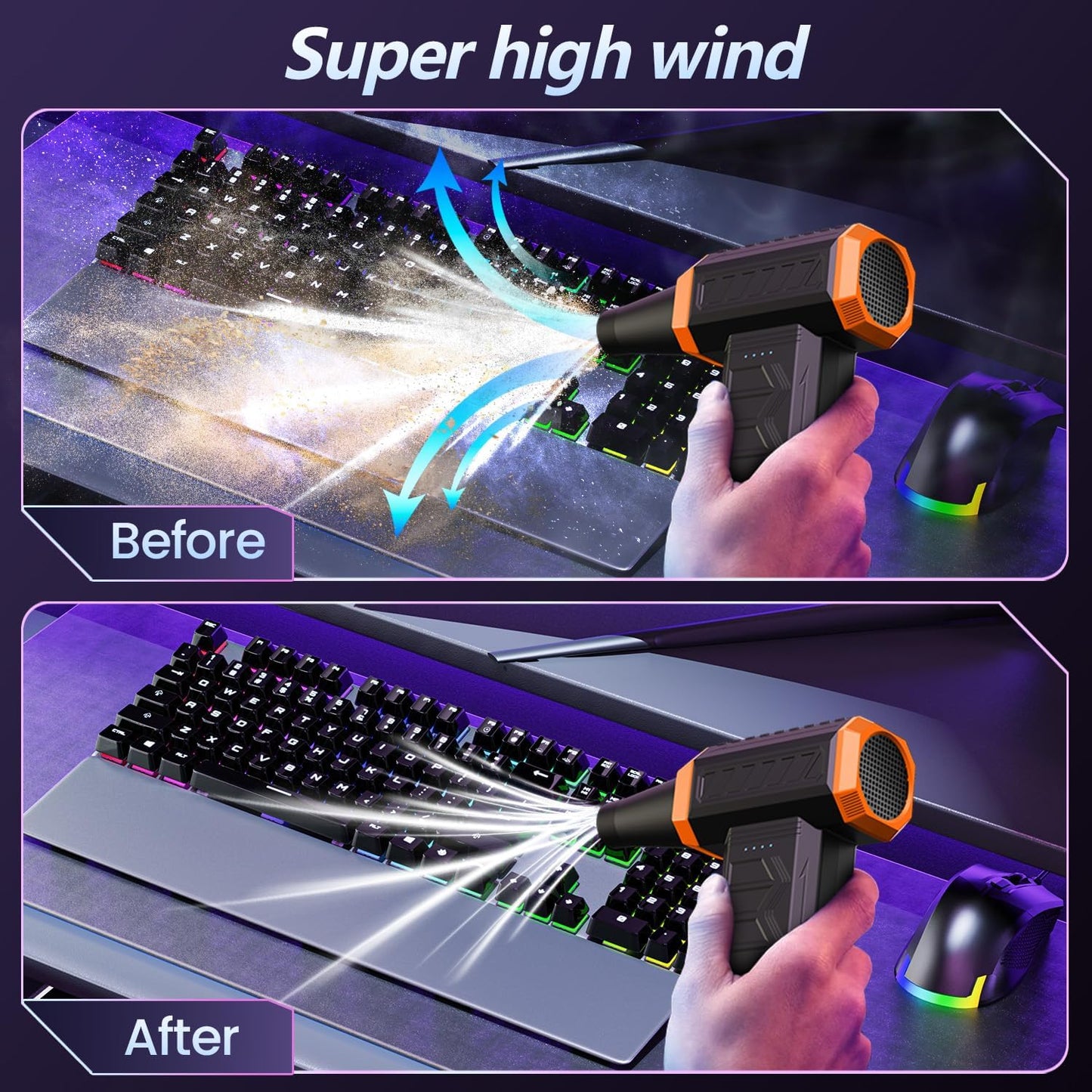 Electric Air Duster, 32,0000 RPM Compressed Air Duster & Blower, 7600mAh Rechargeable, 3-Speed LED Keyboard Cleaner for PC/Computer/Car, No Canned Air - Turbo Fan, Battery Powered