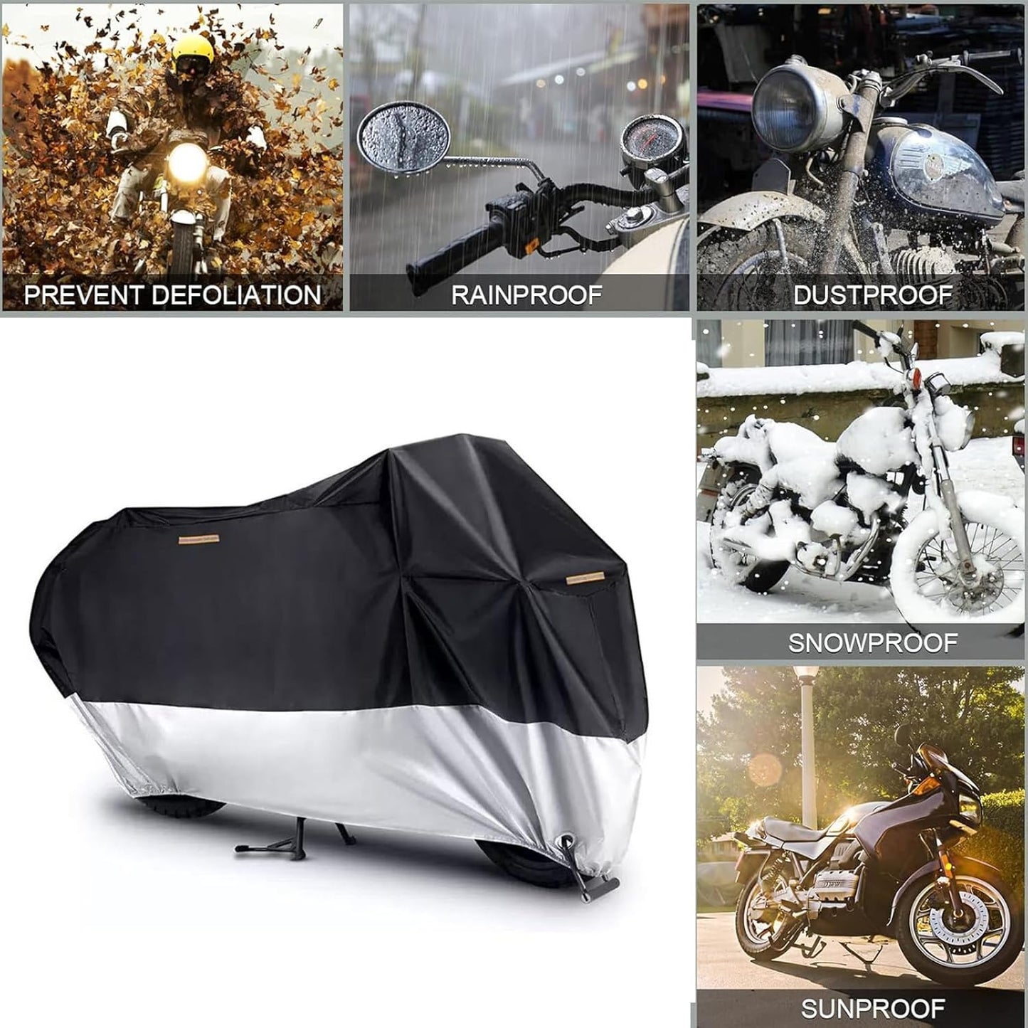 Motorcycle Cover, 210D Oxford Cloth, with Reflective Stripes, Waterproof Outdoor Protection, All-Weather Universal car Cover, with Lock Holes and Storage Bag. (Black Silver, 104")