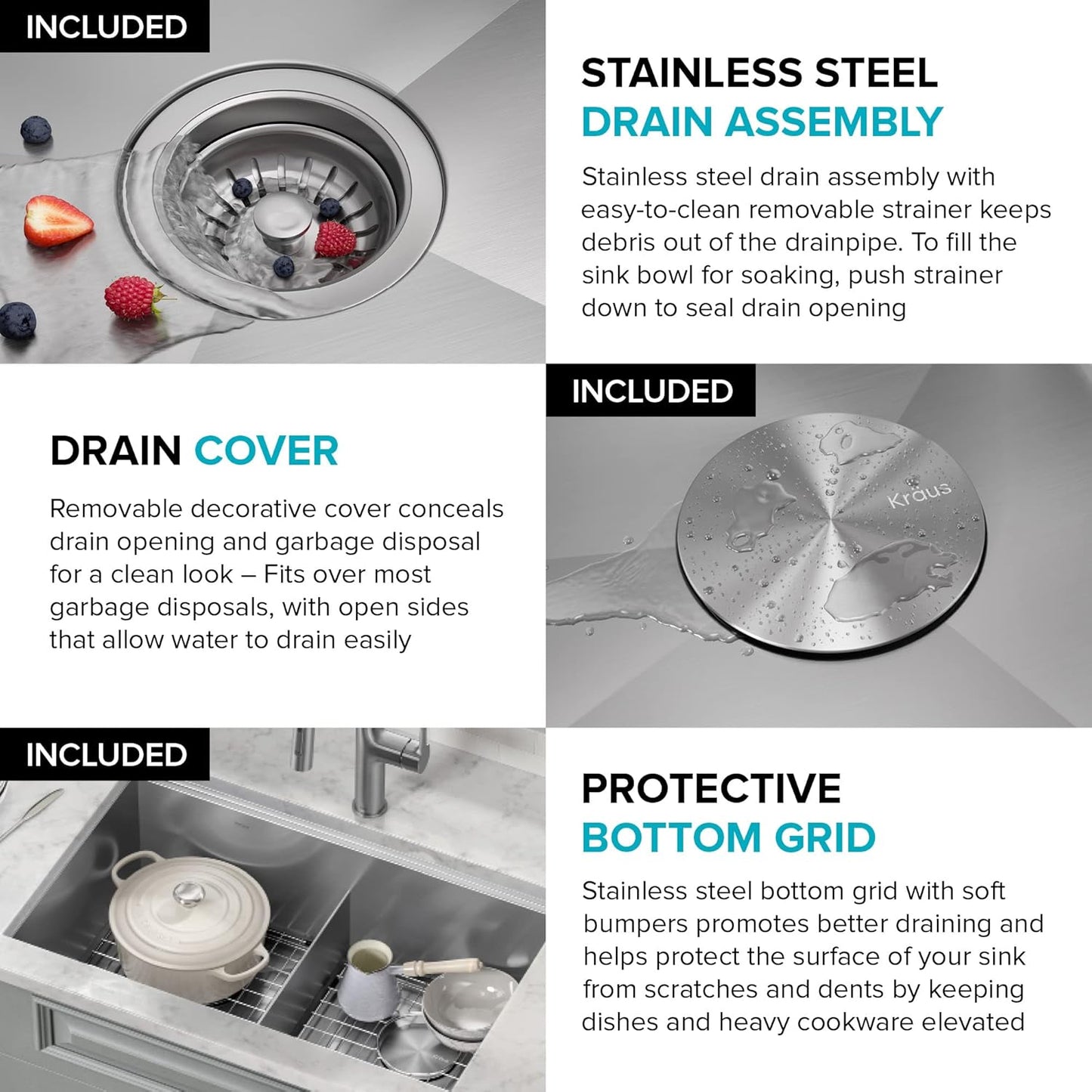 KRAUS Kore Workstation 30-inch Undermount 16 Gauge Stainless Steel Kitchen Sink, Double Bowl Kitchen Sink with Accessories, KWU112-30