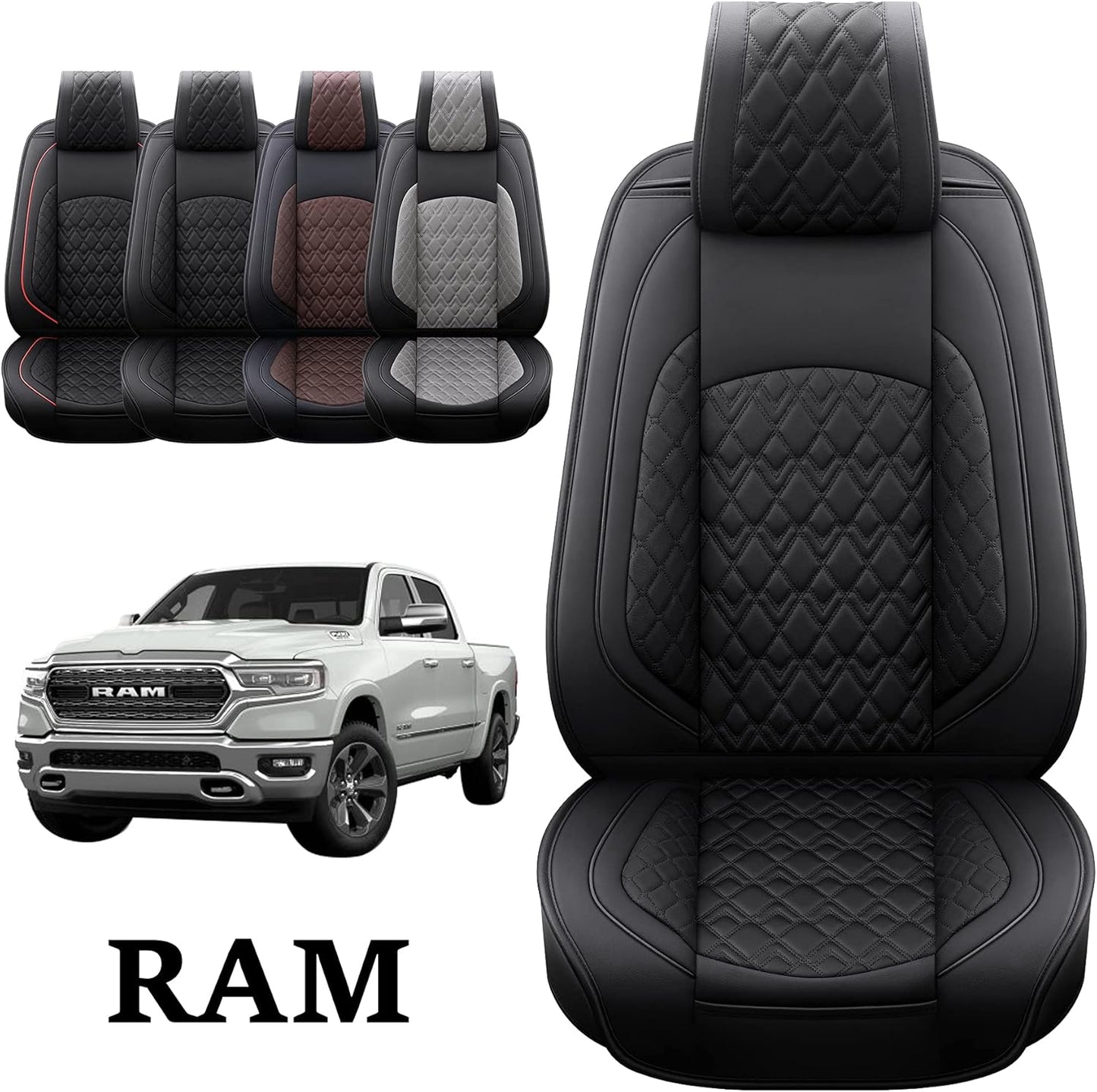 JOJOBAY Car Seat Covers for Dodge Ram Full Set,Fit Ram 2009-2023 1500/2500/3500 Pick-up Truck,Crew,Regular,Quad,Mega Cab,Waterproof Leather Seat Covers Protectors(5 PCS Full Set,Black)