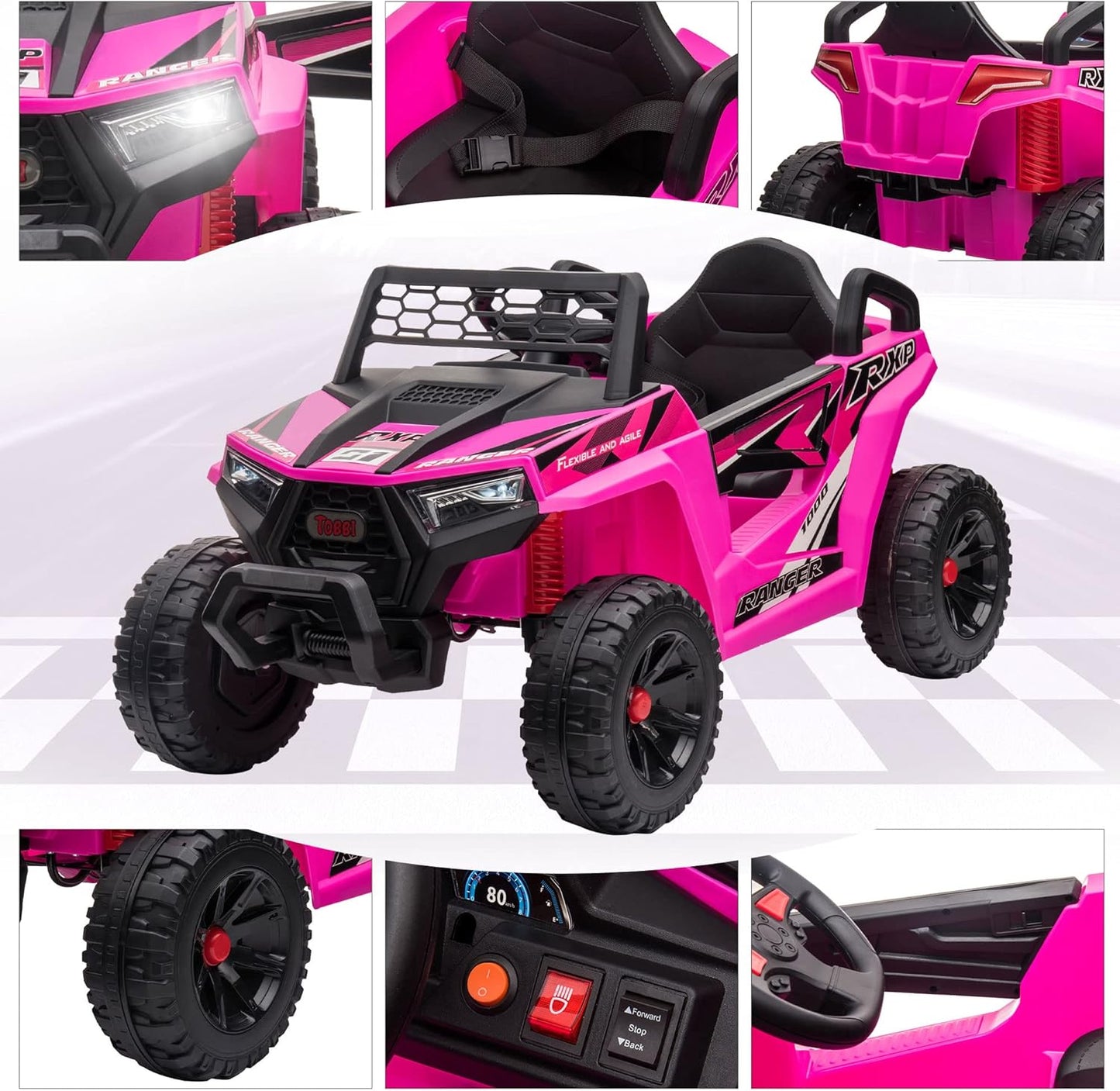 TOBBI 12V Kids Ride on Car, Electric Off-Road UTV Truck with Diverse Functions, Double Open Doors, Safety Belt, Horn, Music, and Lights for Kids Aged 3-5 Years (Rose Red)