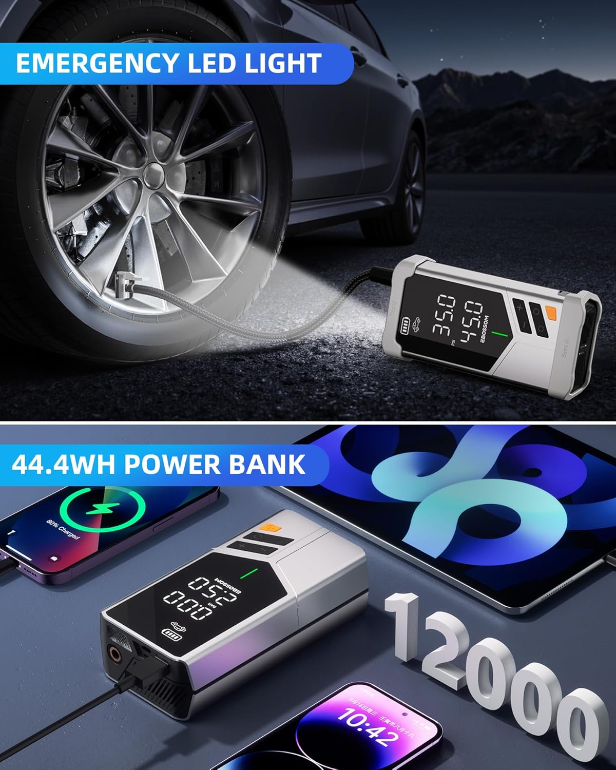 Portable Car Jump Starter with Air Compressor, 150PSI Tire Inflator with 44.4Wh Battery, car Battery Jump Starter for 6.0L Gas, Fast Inflation Pump with Bulite-in Nozzle Storage, LED Light for Car